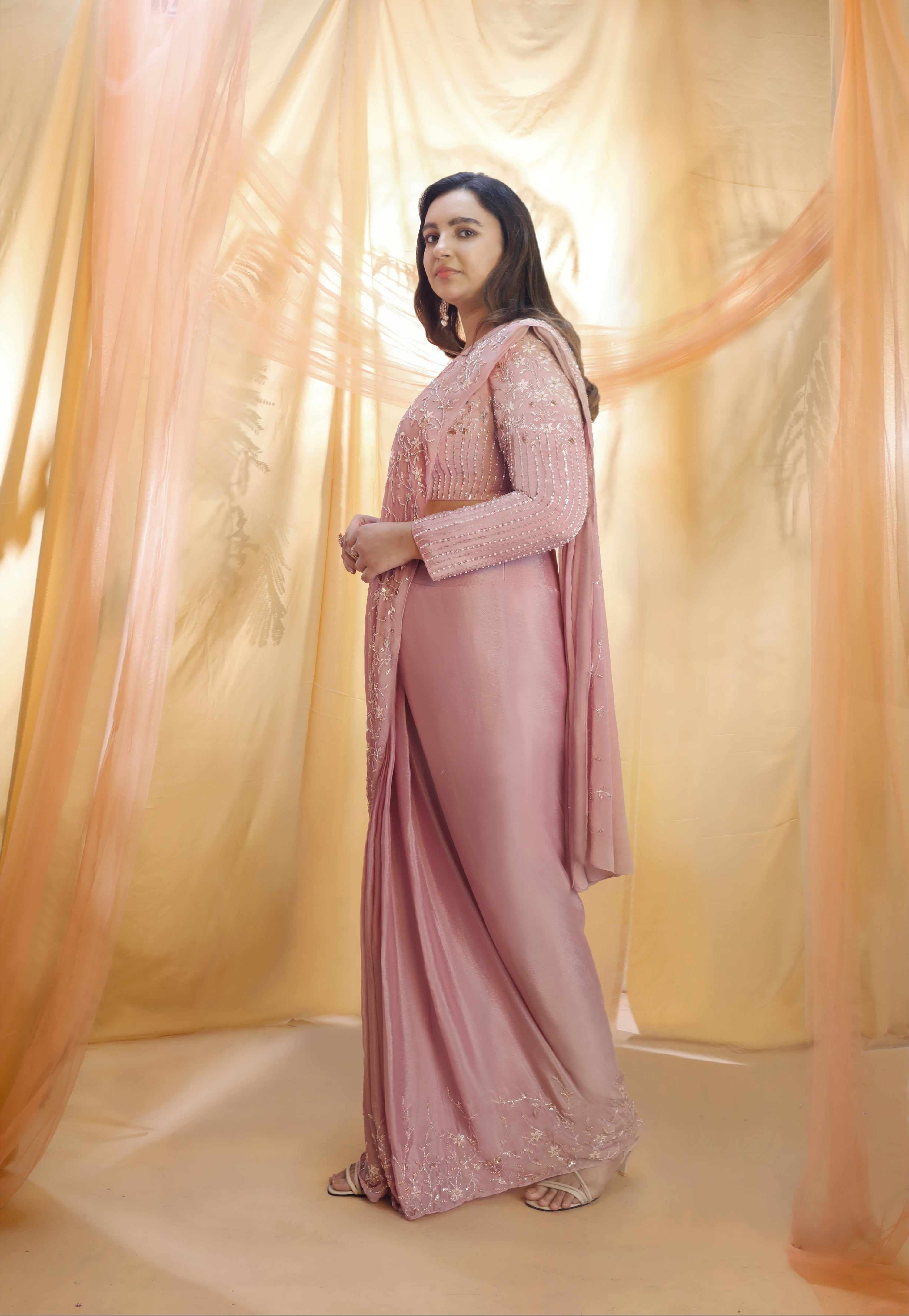 ROSE GOLD SAREE WITH FULL SLEEVE BLOUSE