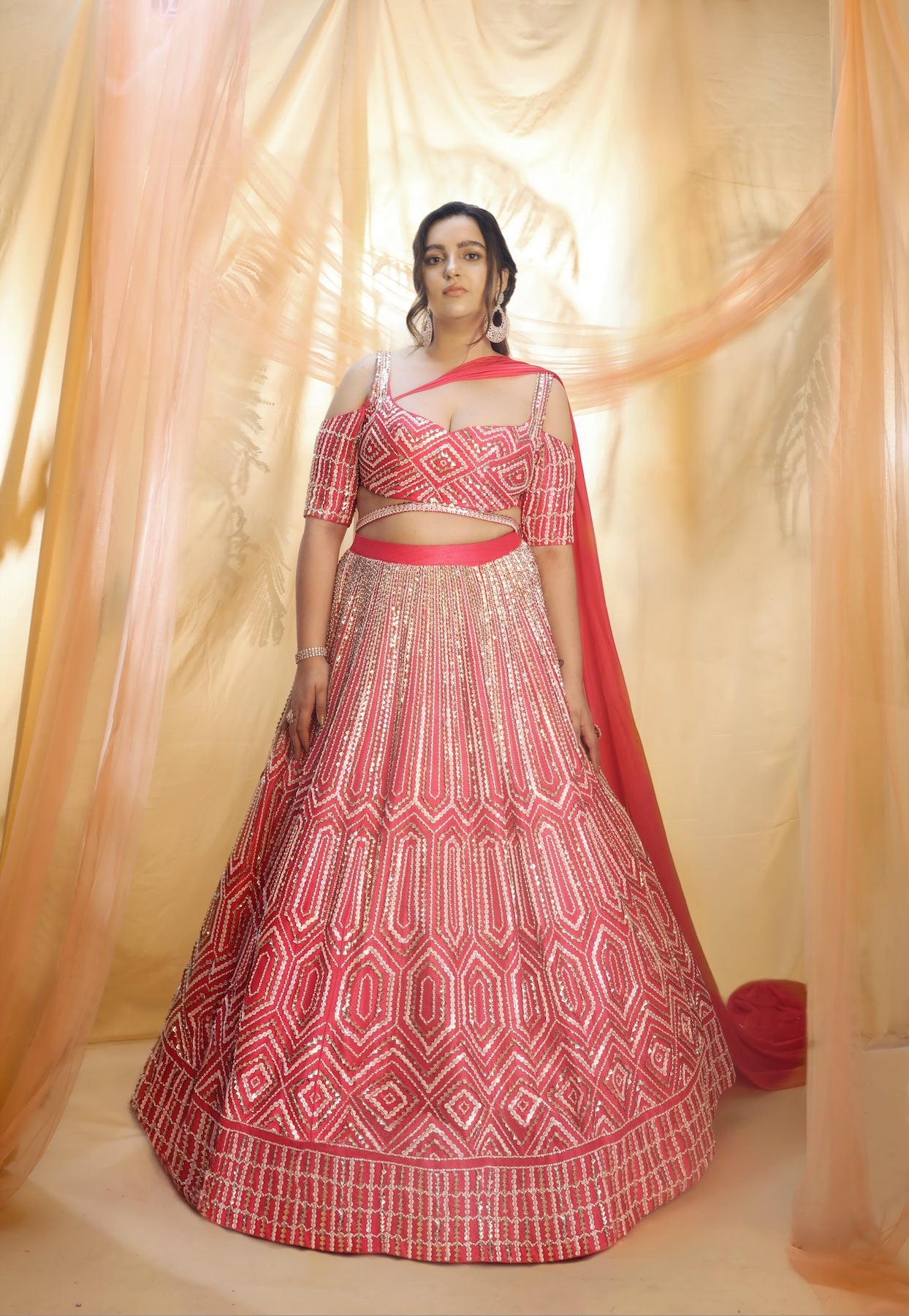 HOT PINK DRAPED LEHENGA SET WITH DRAPE