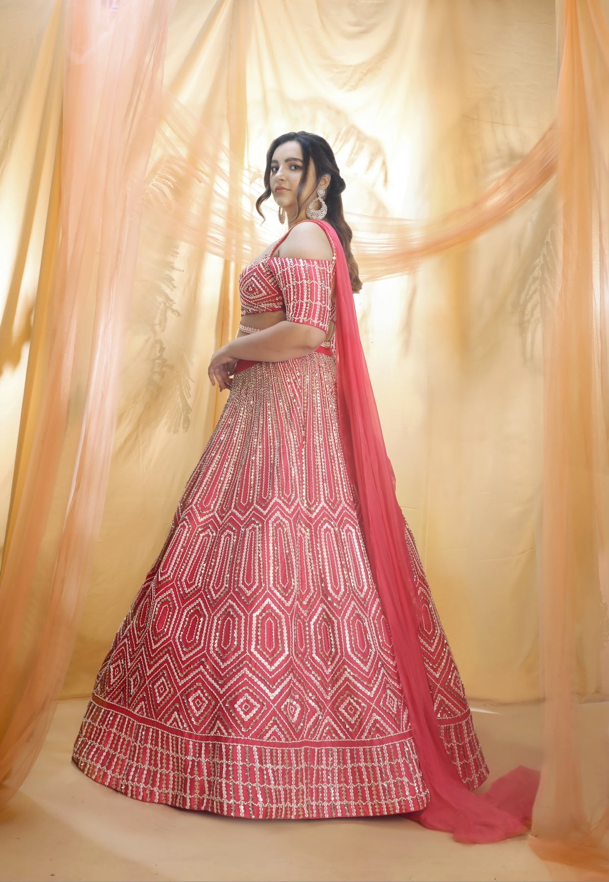 HOT PINK DRAPED LEHENGA SET WITH DRAPE