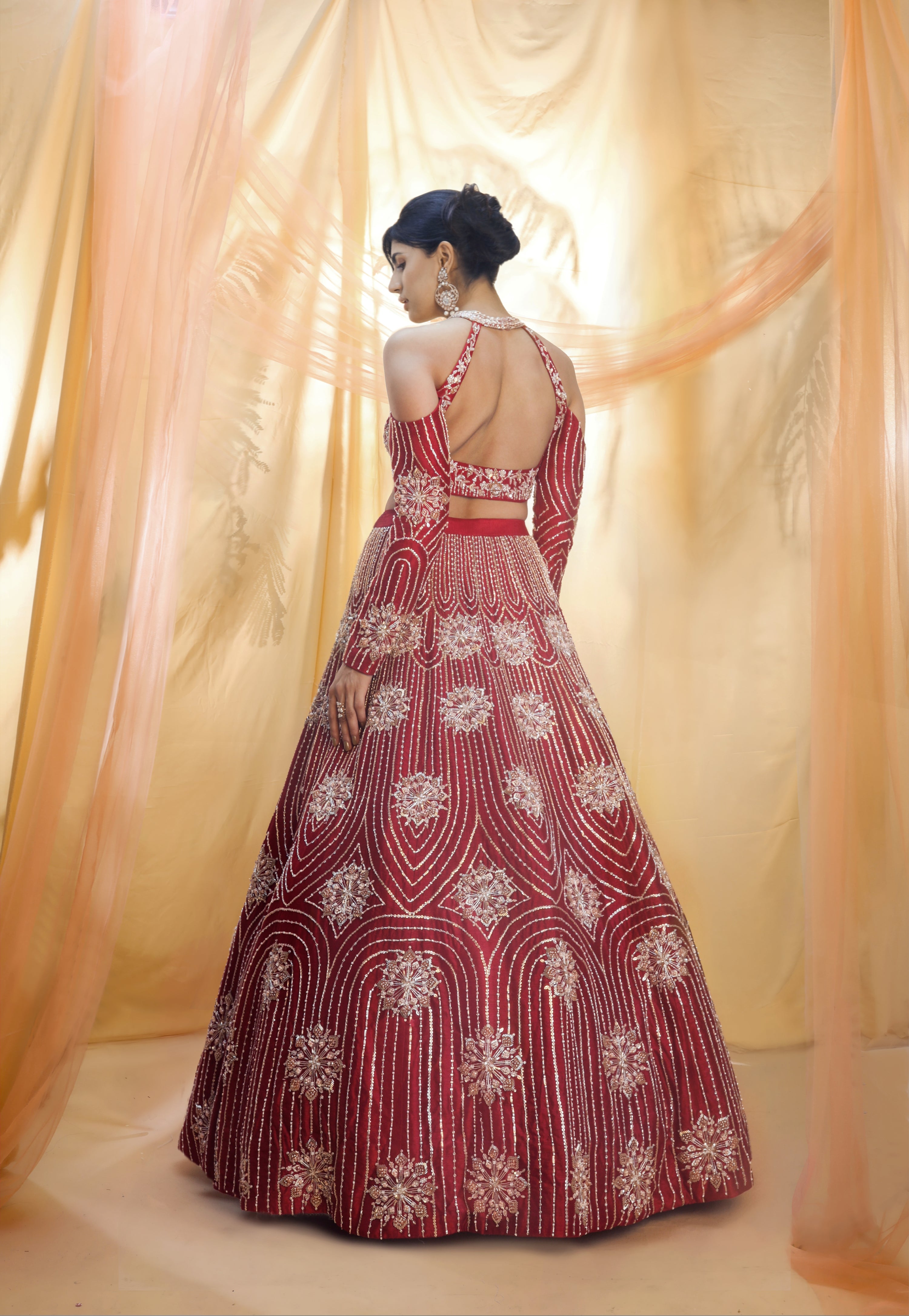 RED LEHENGA WITH HALTER NECK BLOUSE