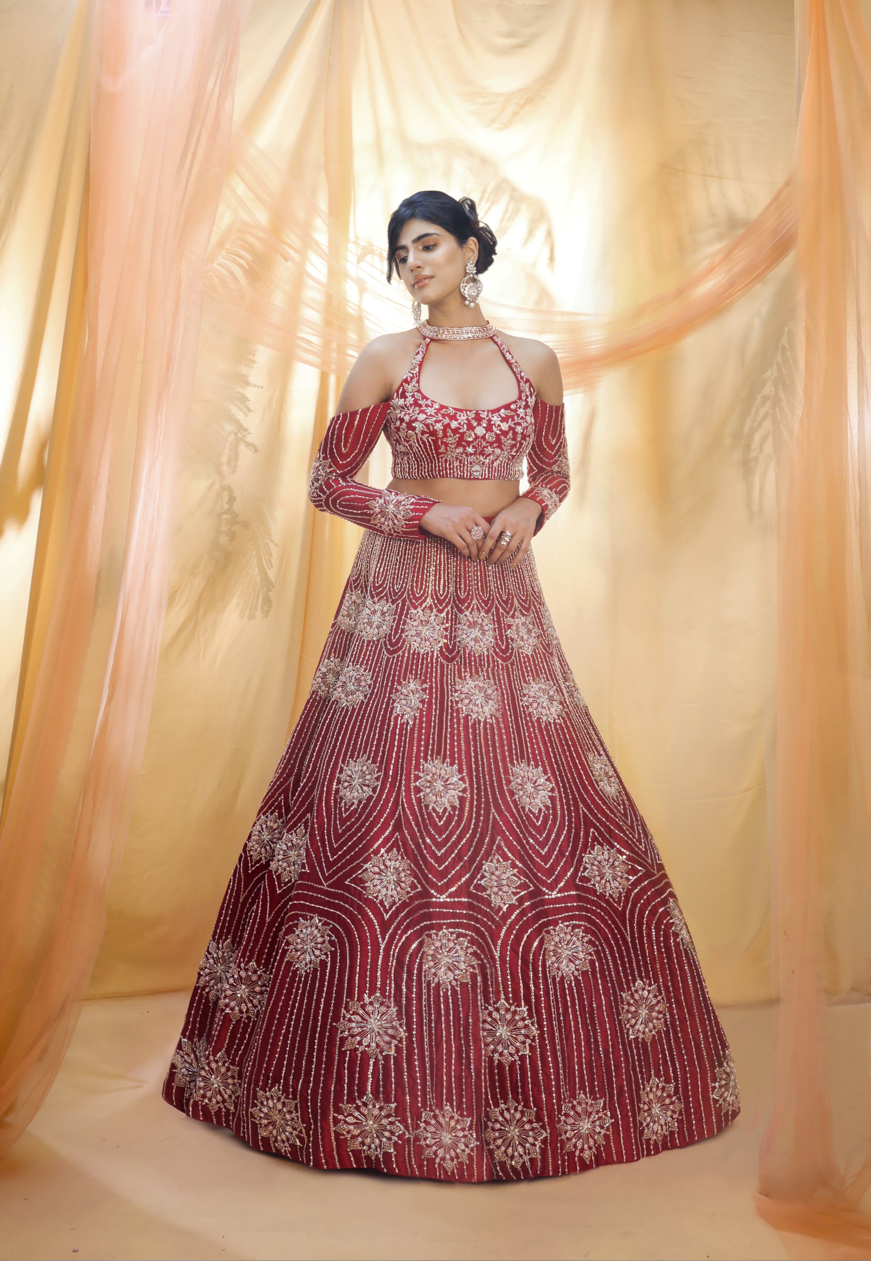 RED LEHENGA WITH HALTER NECK BLOUSE