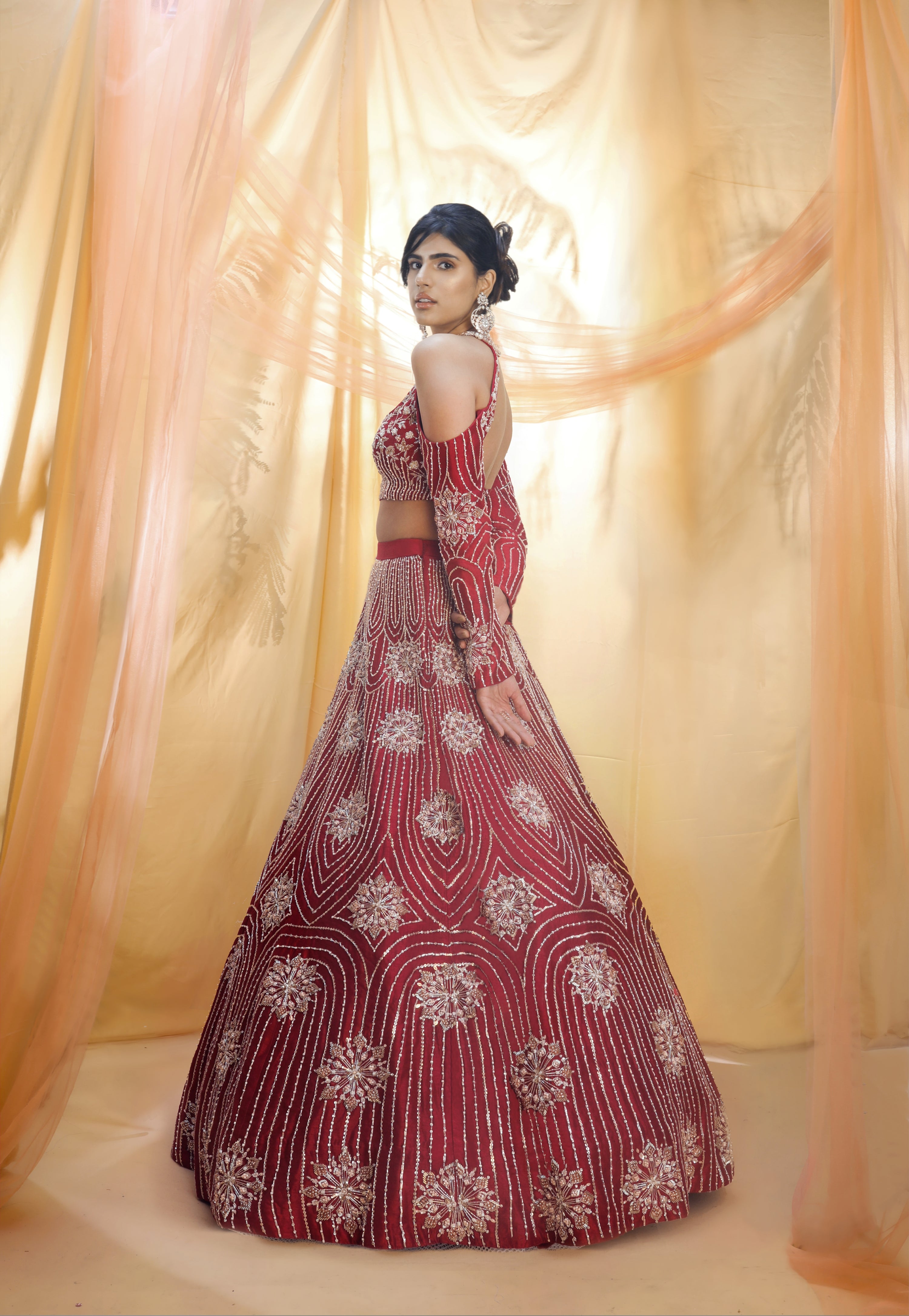 RED LEHENGA WITH HALTER NECK BLOUSE