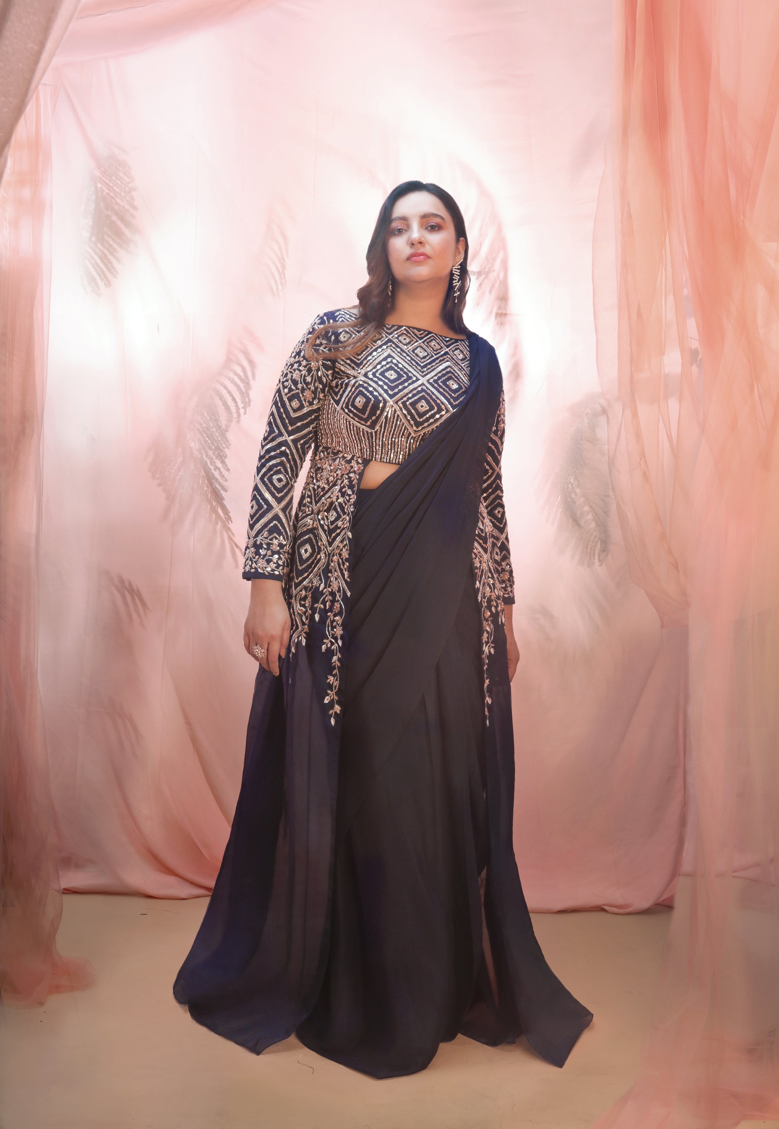 NAVY BLUE JACKET SAREE SET