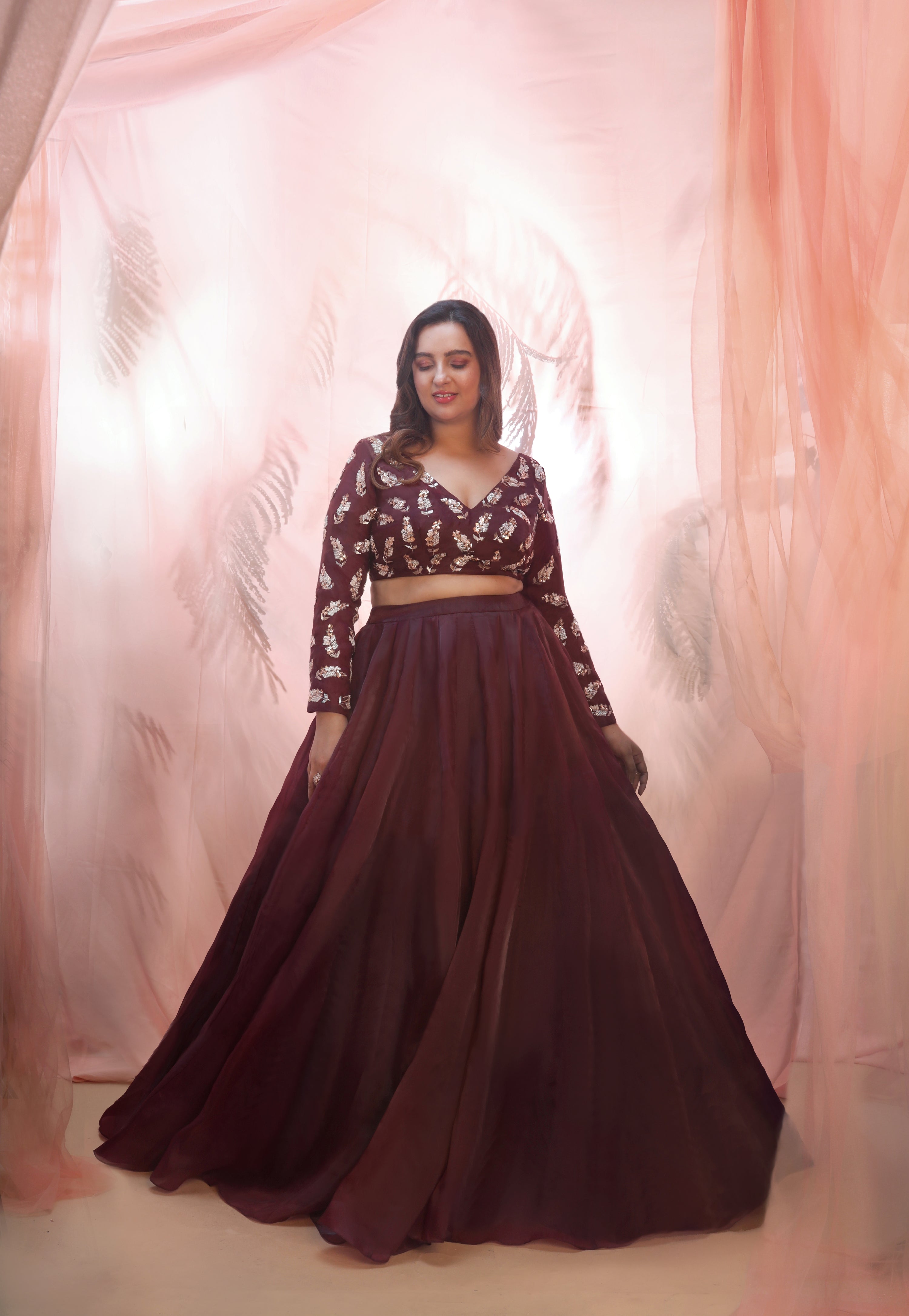 WINE LEHENGA WITH EMBROIDERED BLOUSE