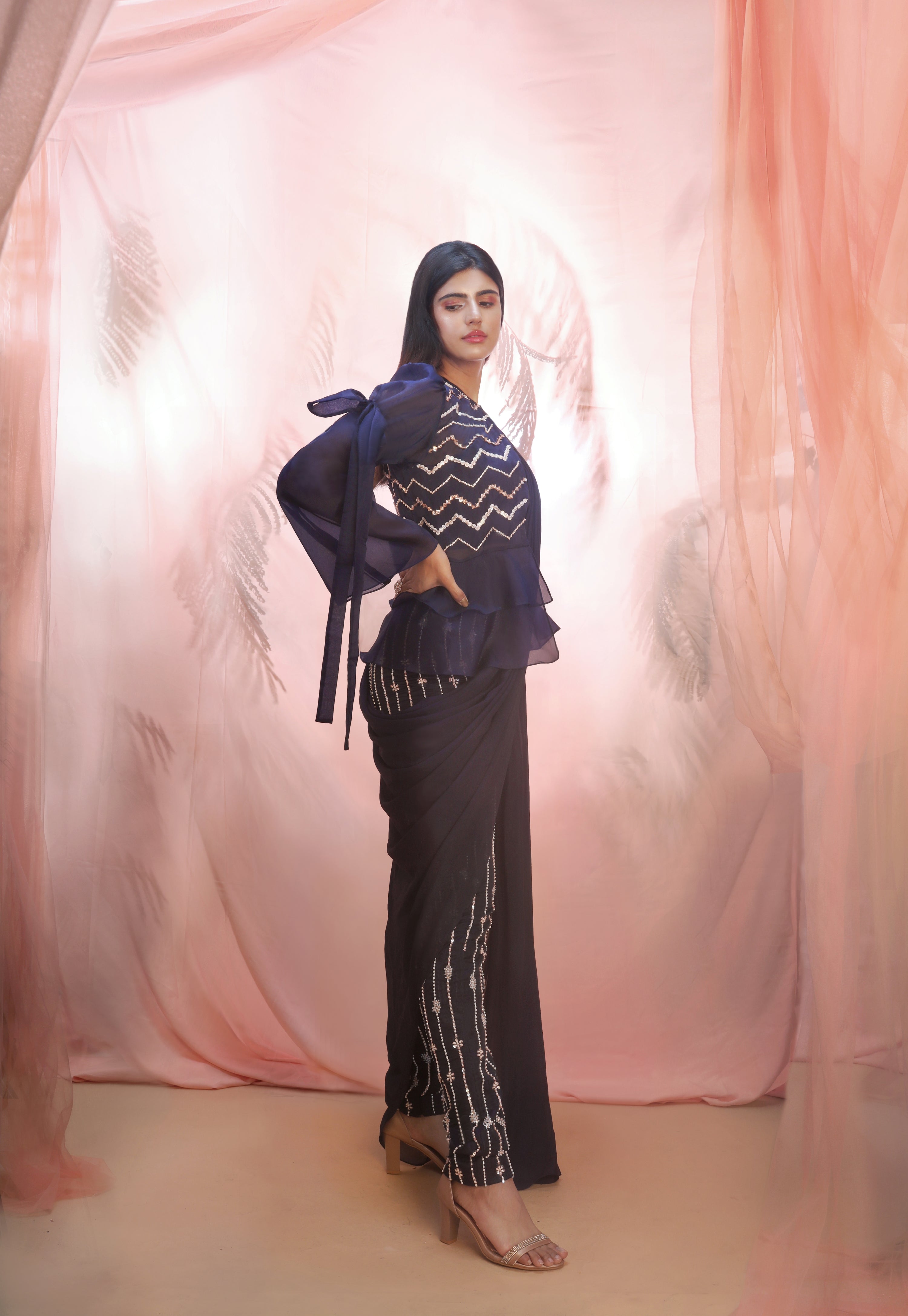 NAVY BLUE SHORT JACKET SAREE SET