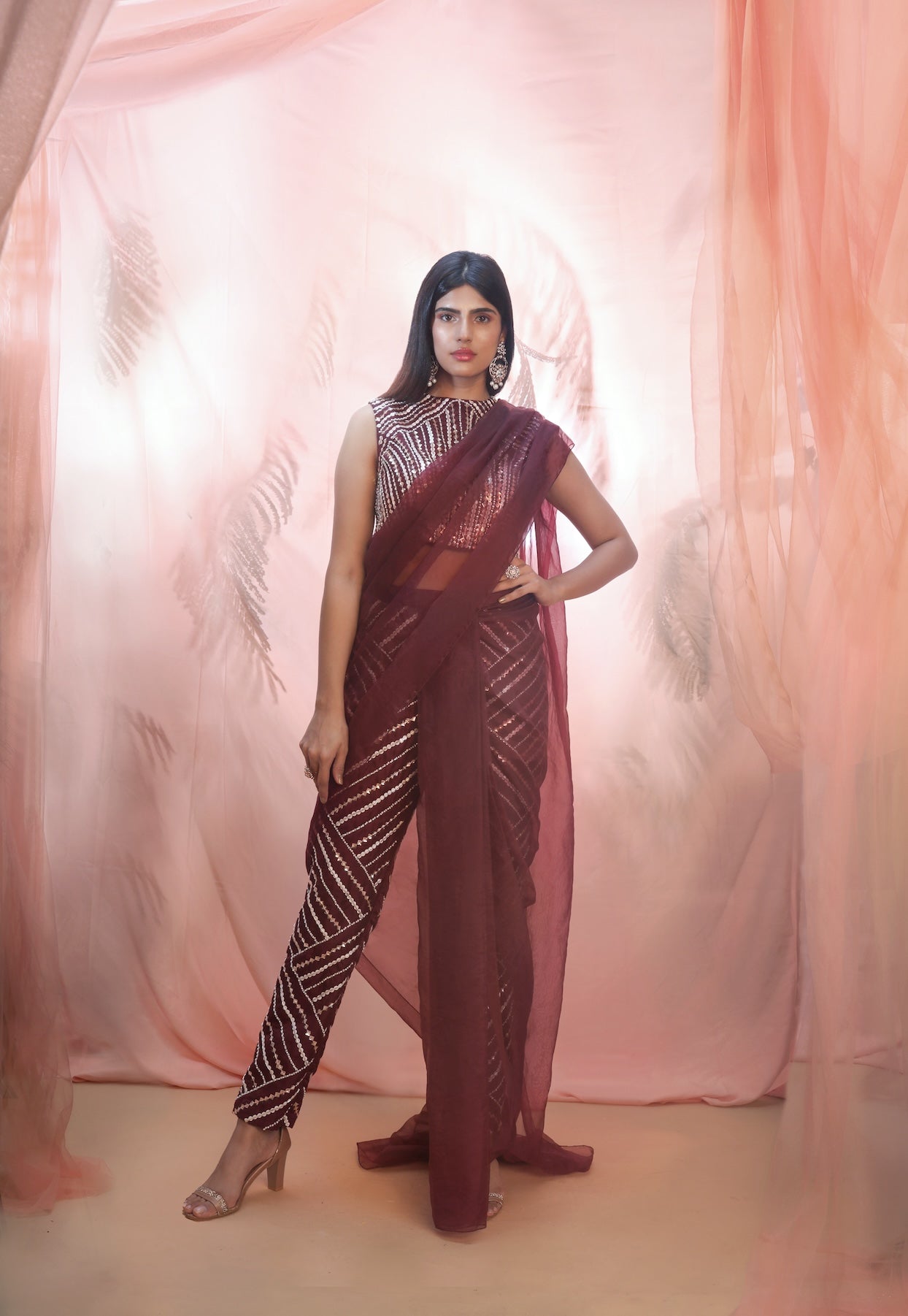 WINE PANT SAREE WITH CAPE