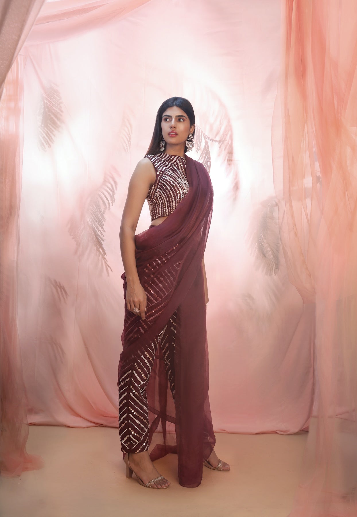 WINE PANT SAREE WITH CAPE