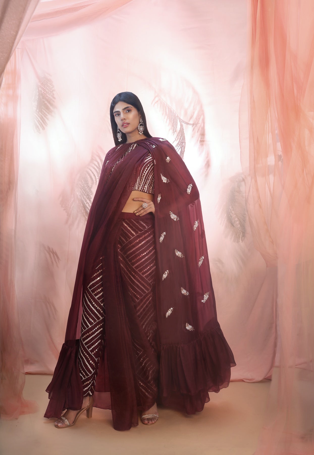 WINE PANT SAREE WITH CAPE