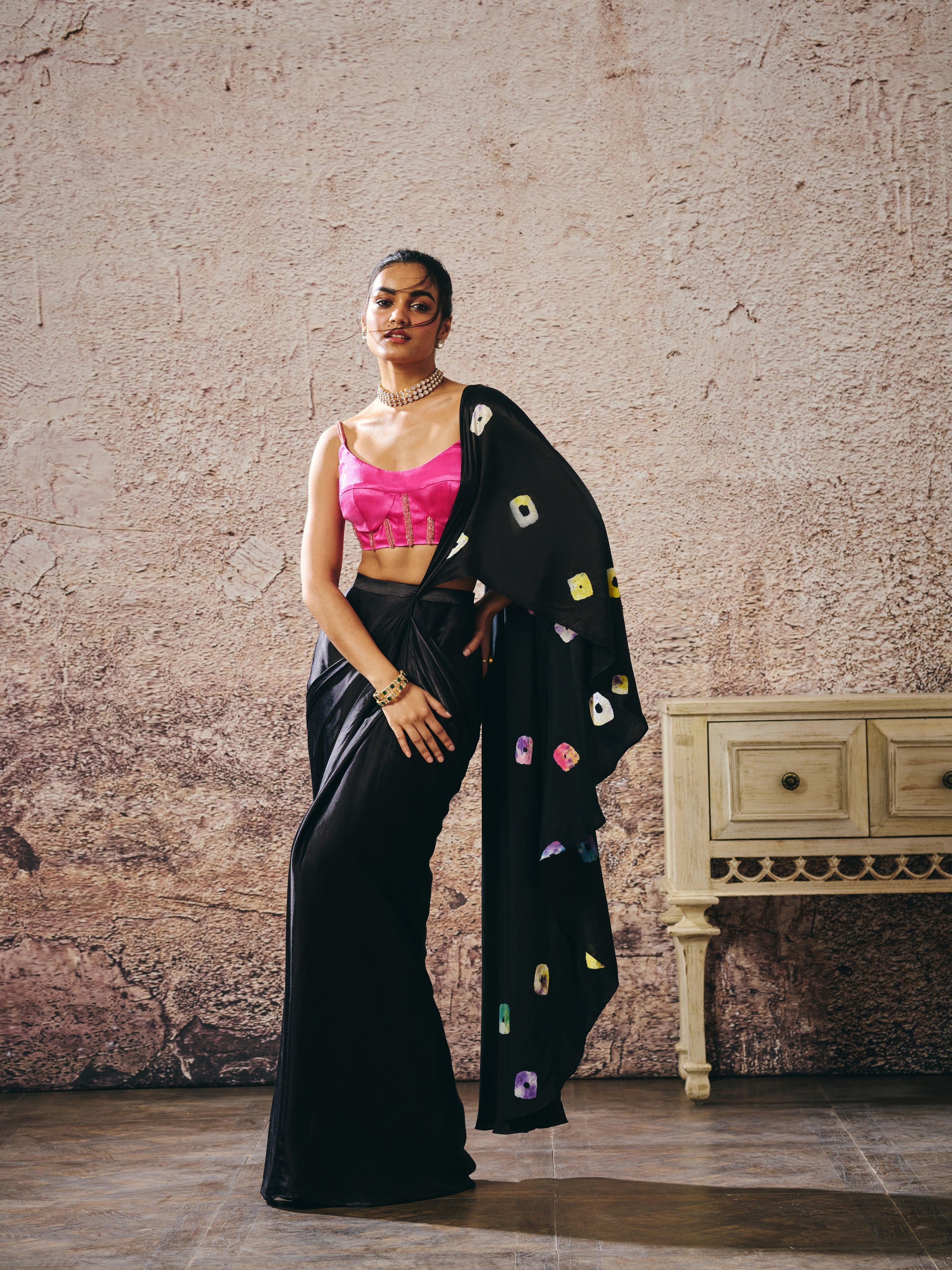 BLACK SKIRT WITH SHIBORI AND HOT HOT PINK BLOUSE