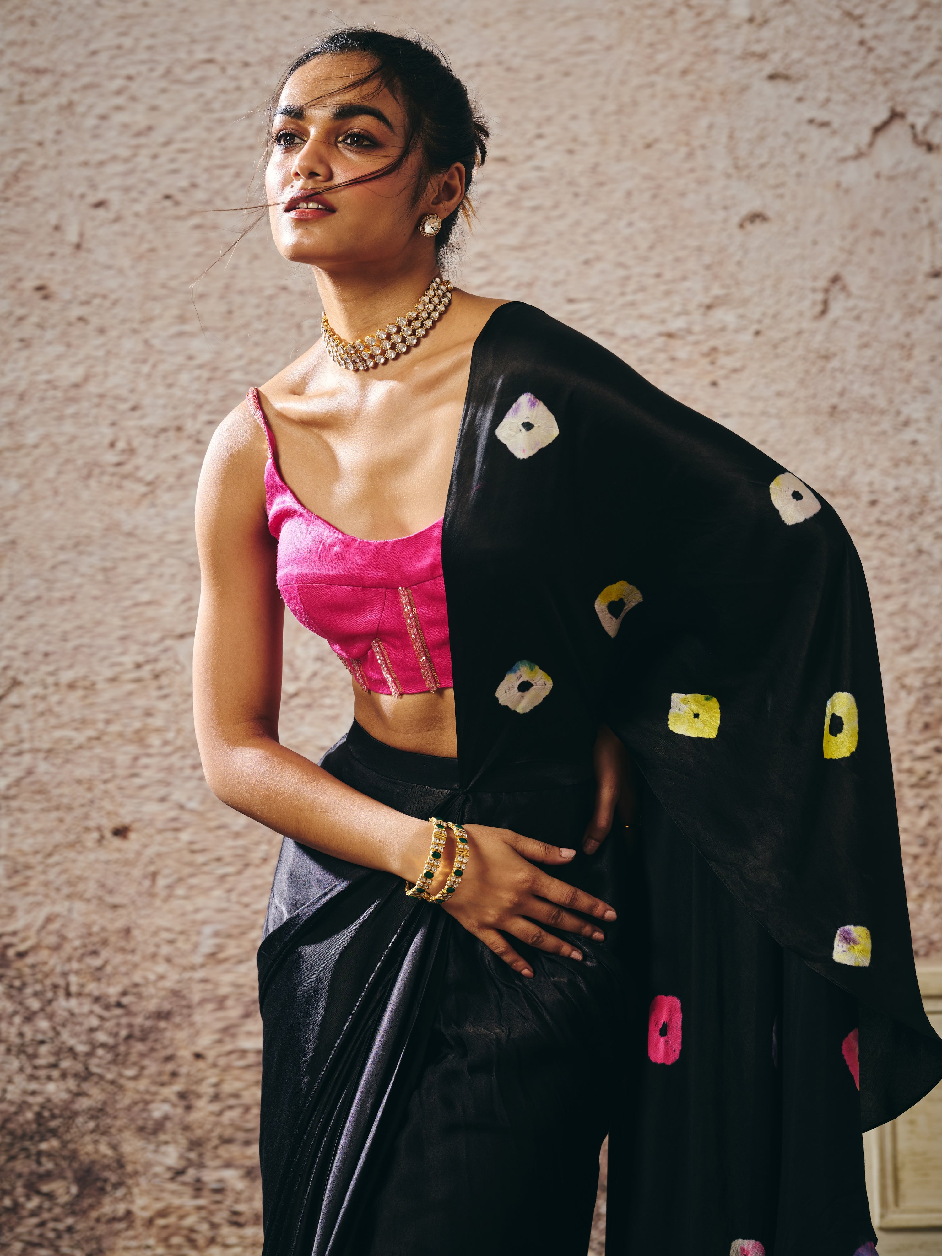 BLACK SKIRT WITH SHIBORI AND HOT HOT PINK BLOUSE