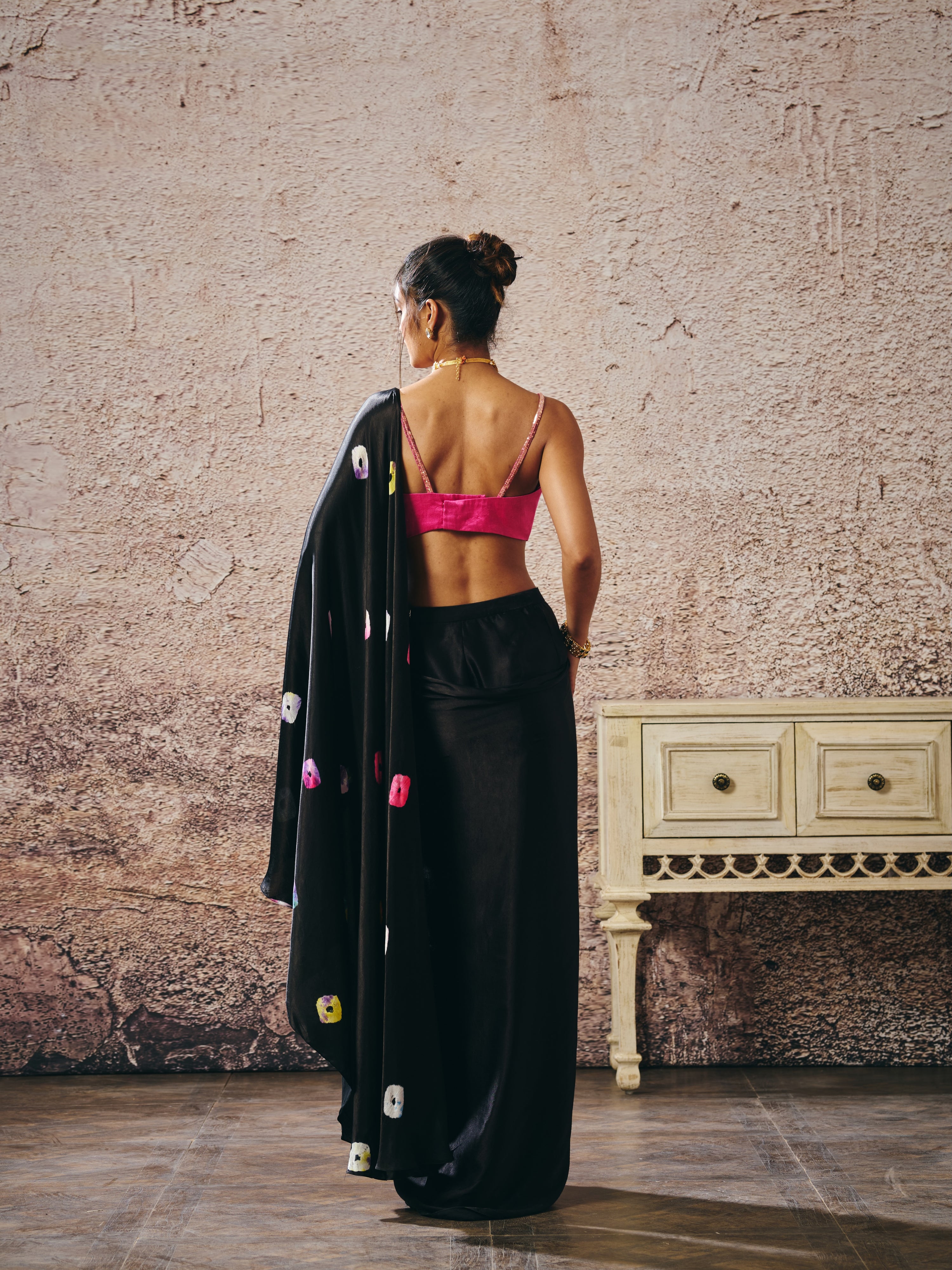 BLACK SKIRT WITH SHIBORI AND HOT HOT PINK BLOUSE