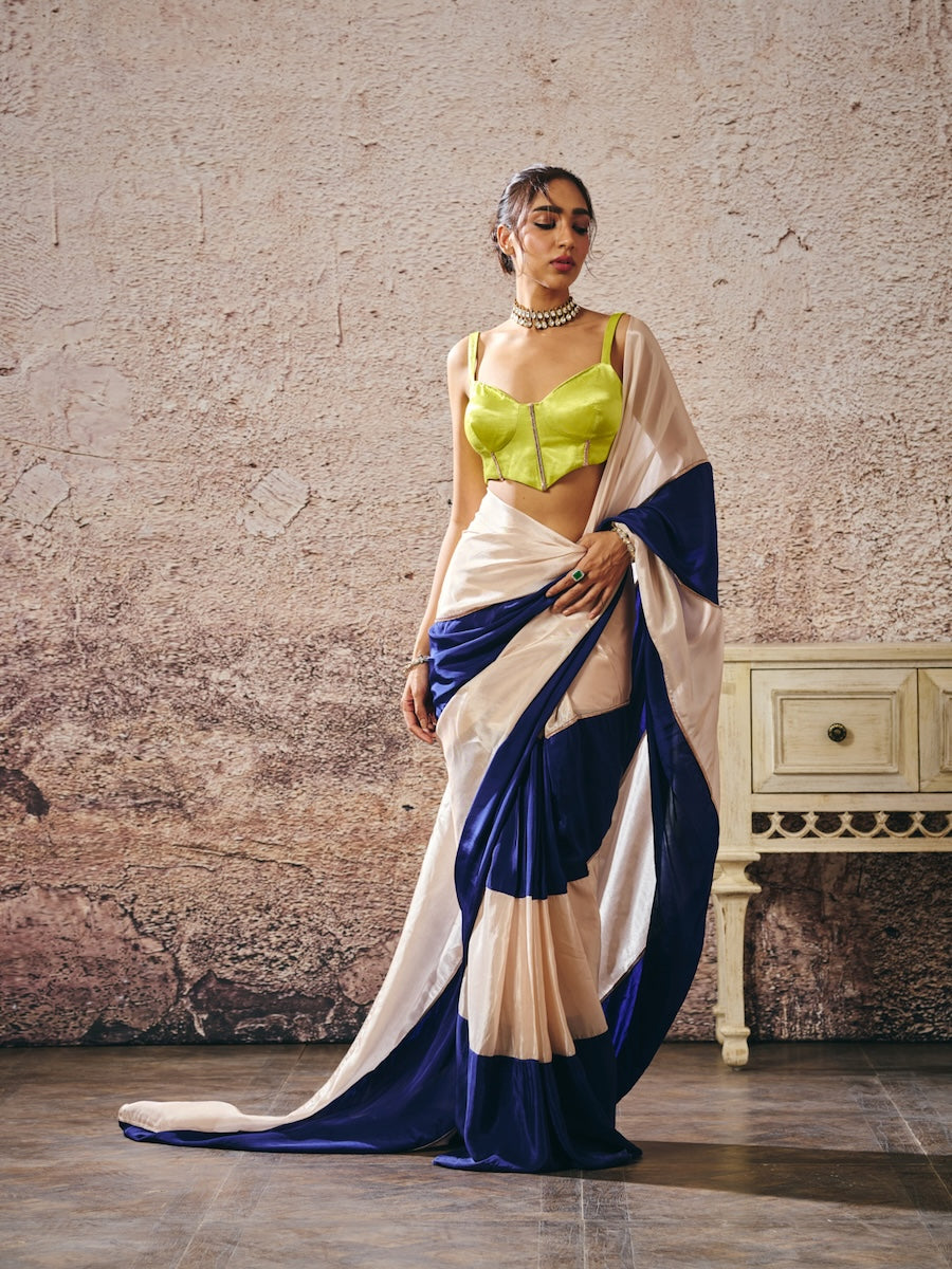 NEON GREEN BLOUSE BLUE AND BEIGE BLOCK SAREE