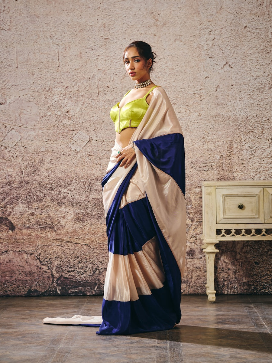 NEON GREEN BLOUSE BLUE AND BEIGE BLOCK SAREE