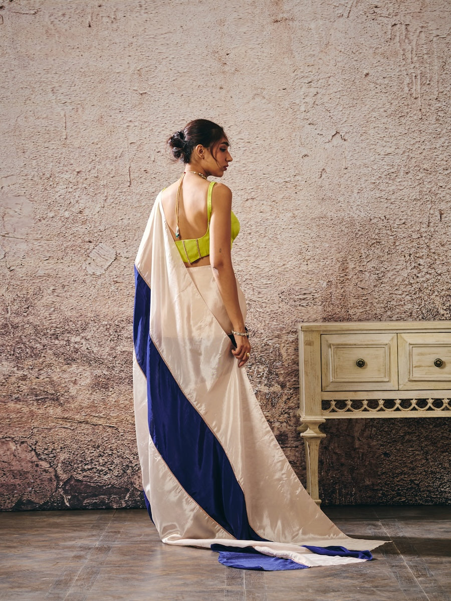 NEON GREEN BLOUSE BLUE AND BEIGE BLOCK SAREE