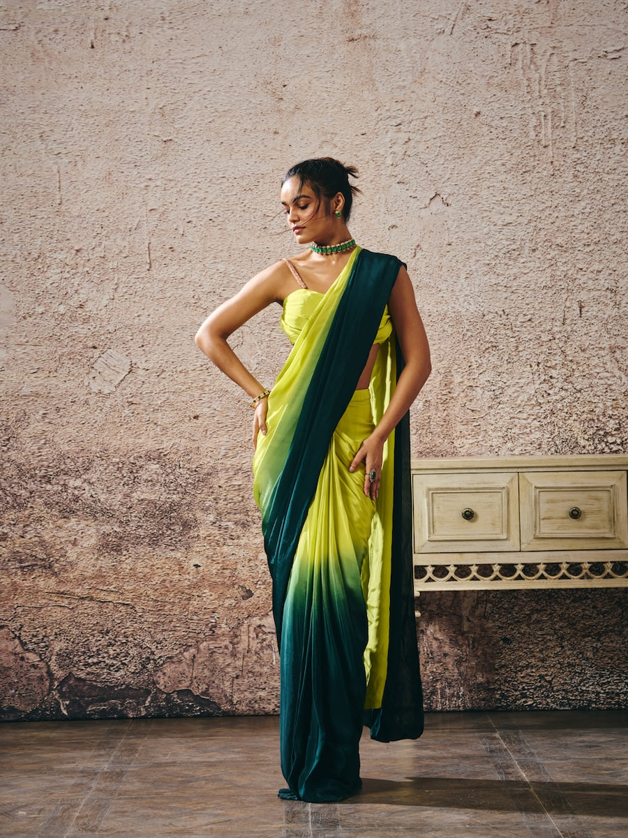 NEON GREEN BLOUSE WITH DARK GREEN AND NEON GREEN OMBRE SAREE