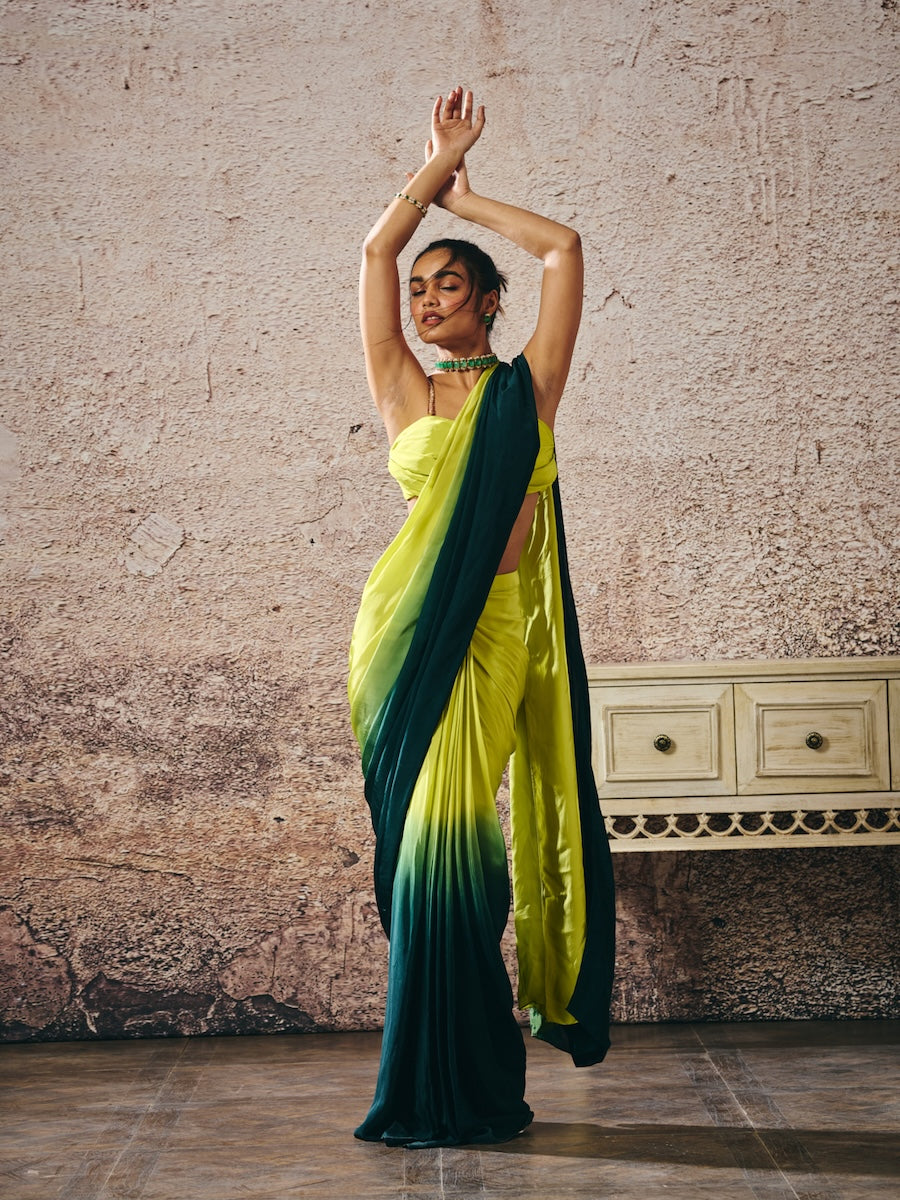 NEON GREEN BLOUSE WITH DARK GREEN AND NEON GREEN OMBRE SAREE