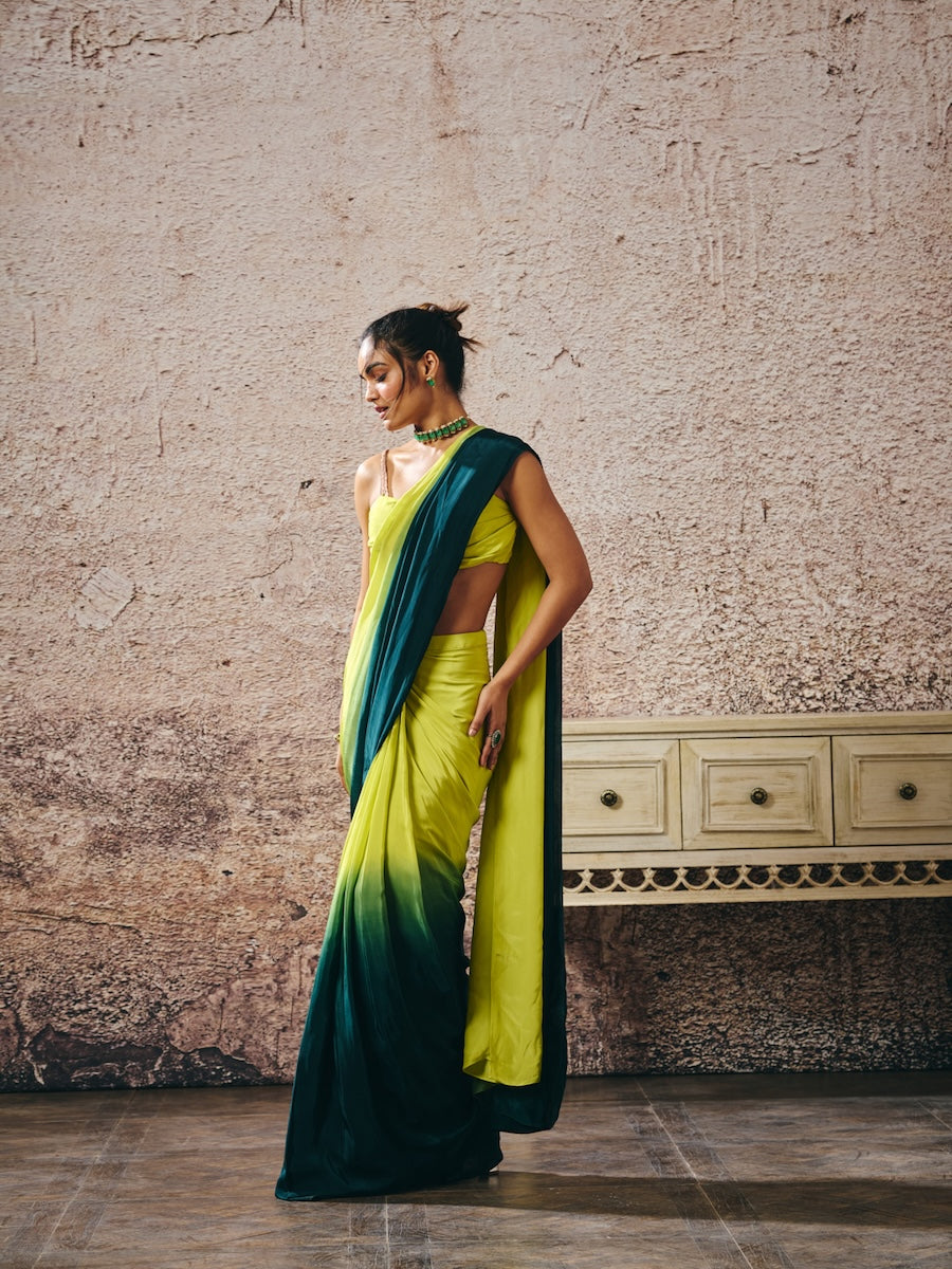 NEON GREEN BLOUSE WITH DARK GREEN AND NEON GREEN OMBRE SAREE