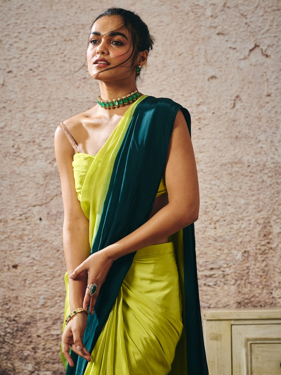 NEON GREEN BLOUSE WITH DARK GREEN AND NEON GREEN OMBRE SAREE