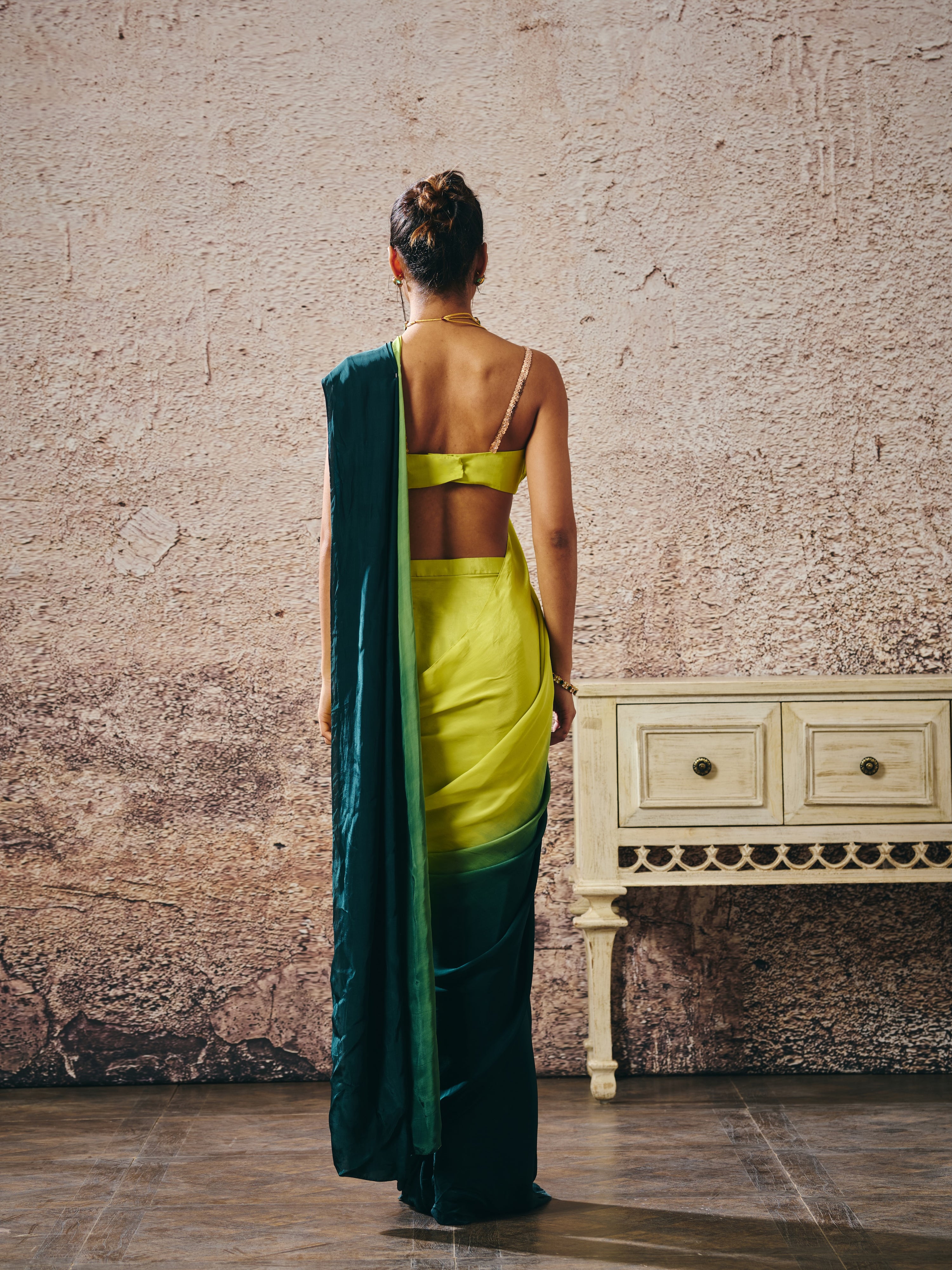 NEON GREEN BLOUSE WITH DARK GREEN AND NEON GREEN OMBRE SAREE