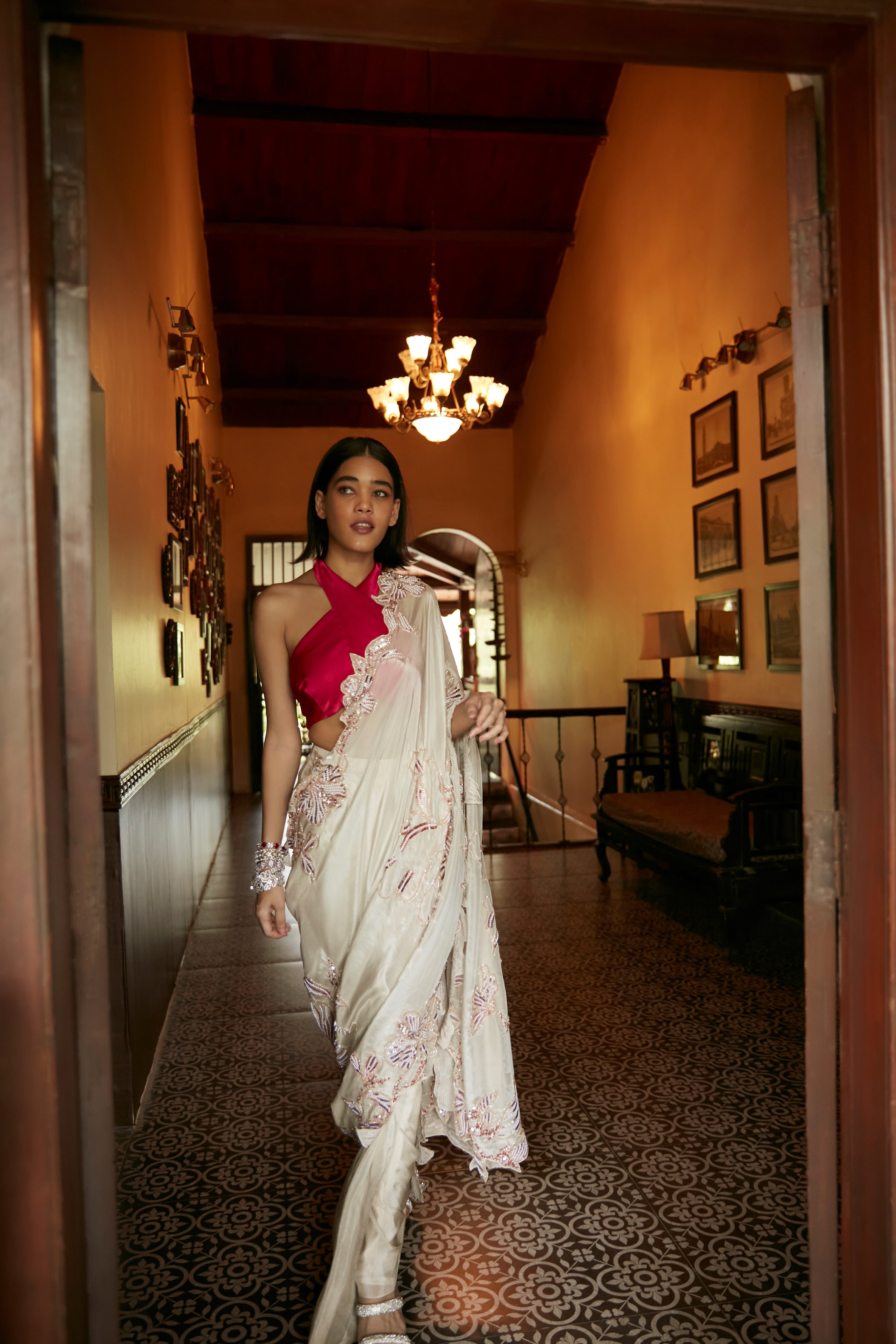 BEIGE & HOT PINK TISSUE SAREE