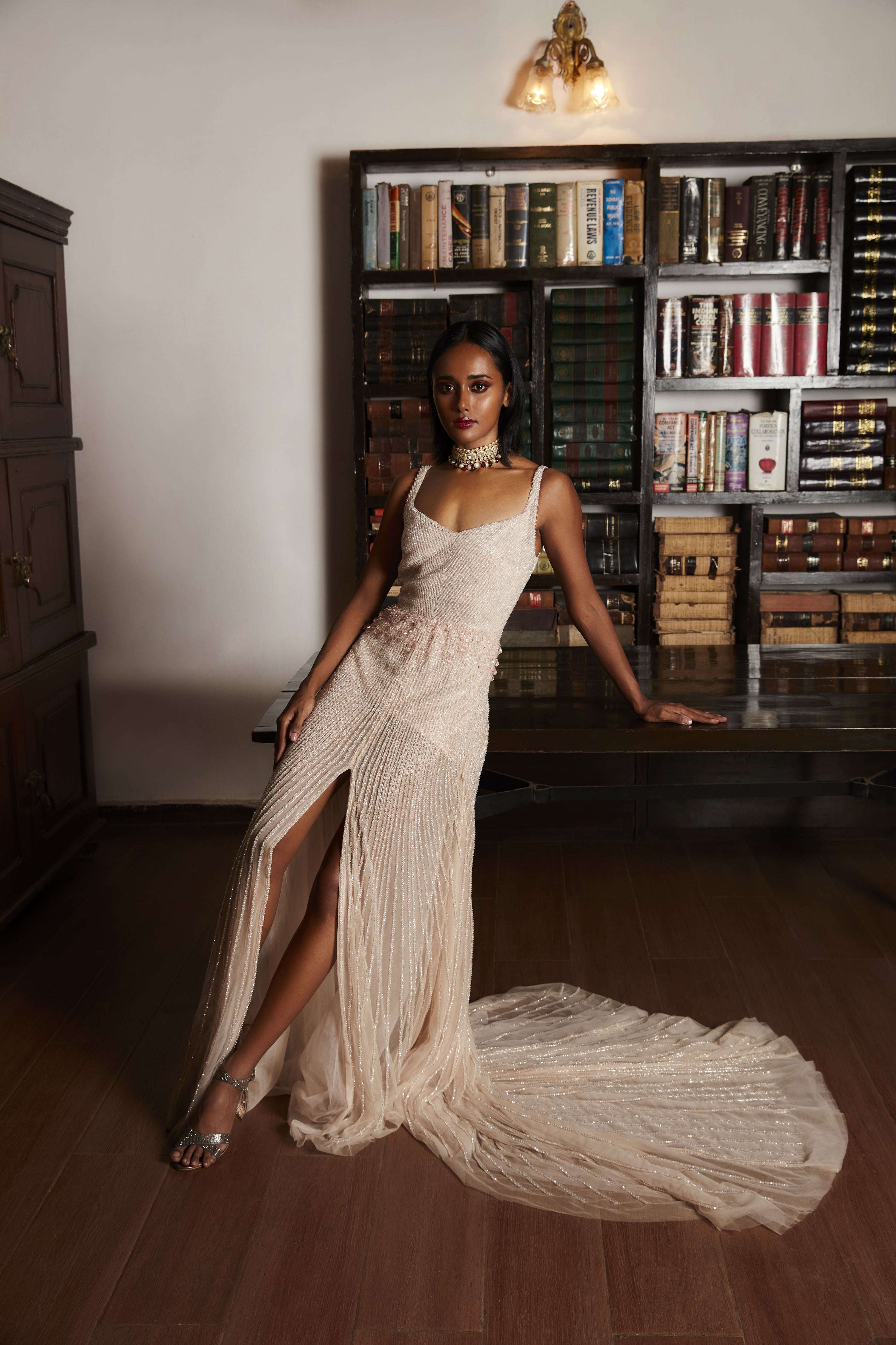 BEIGE EMBROIDERED TRAIL GOWN WITH SLIT