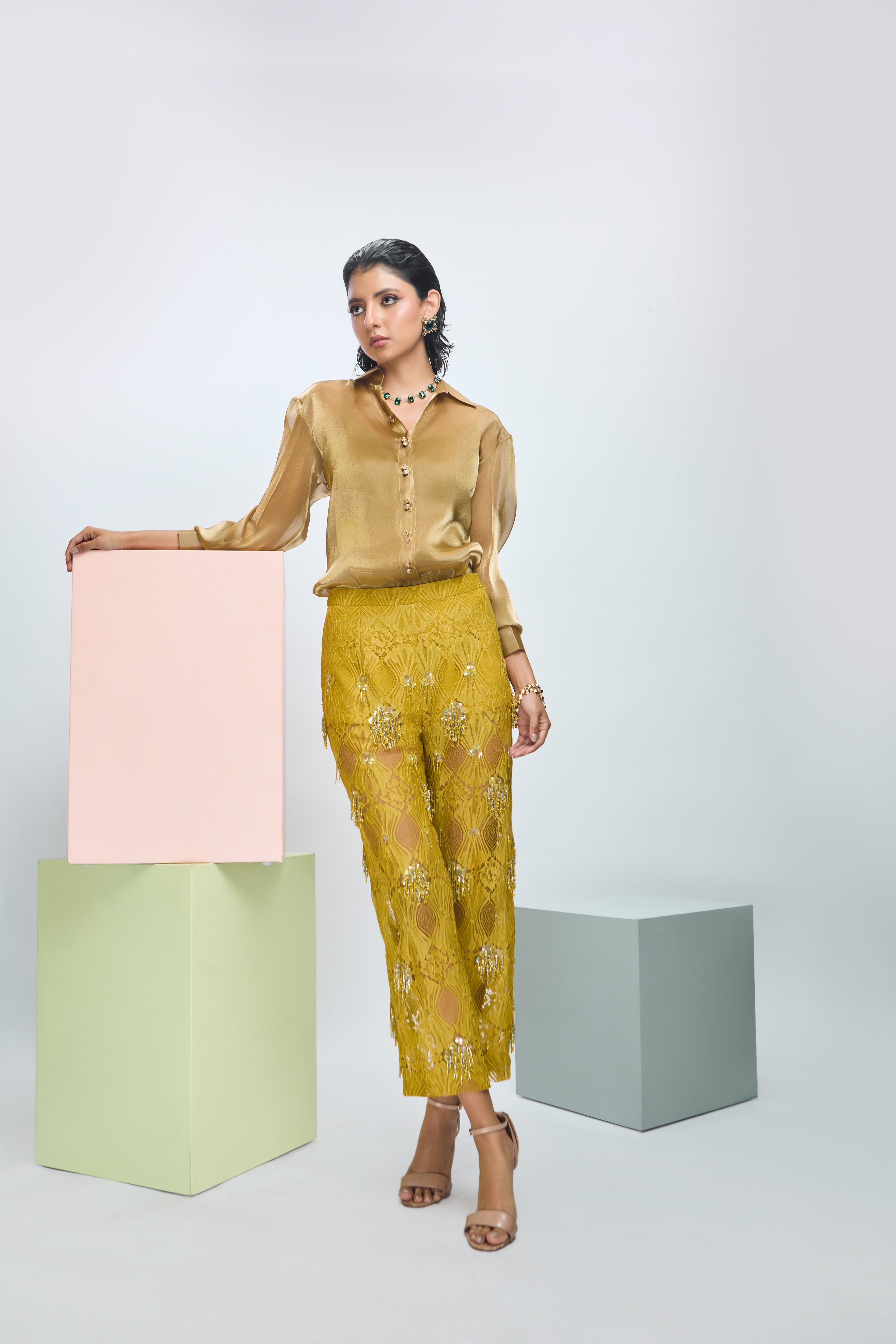 ORGANZA SHIRT WITH FULL SLEEVES WITH EMBROIDERED PANTS AND SLIP