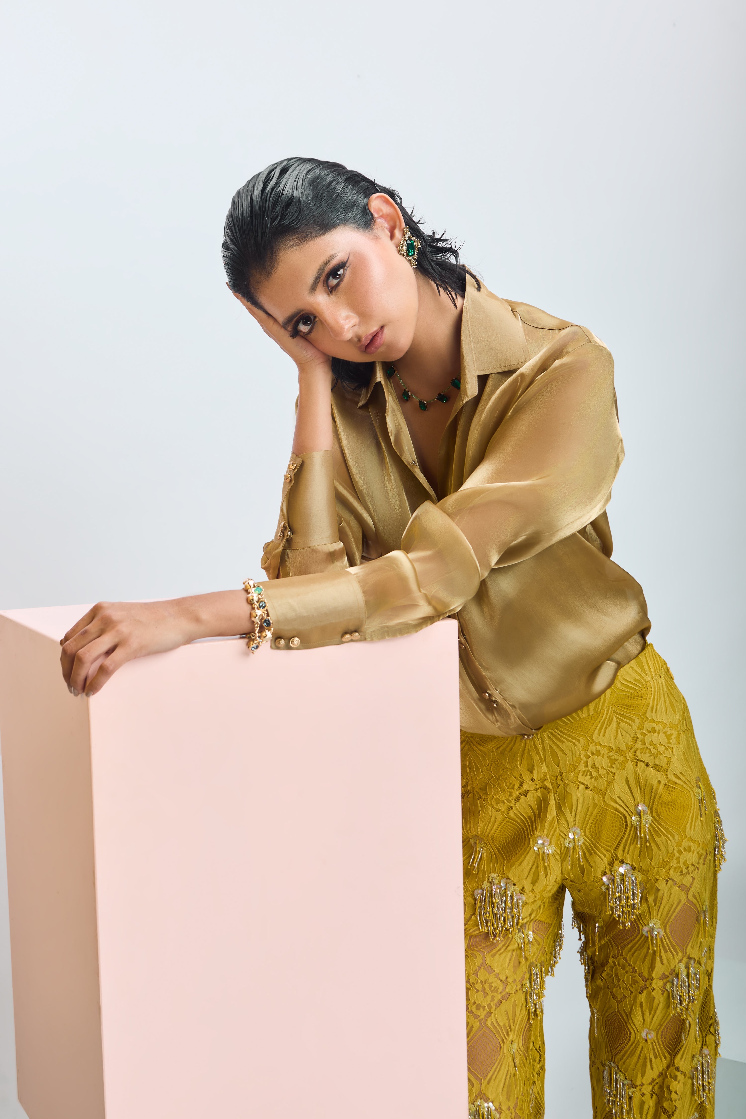 ORGANZA SHIRT WITH FULL SLEEVES WITH EMBROIDERED PANTS AND SLIP