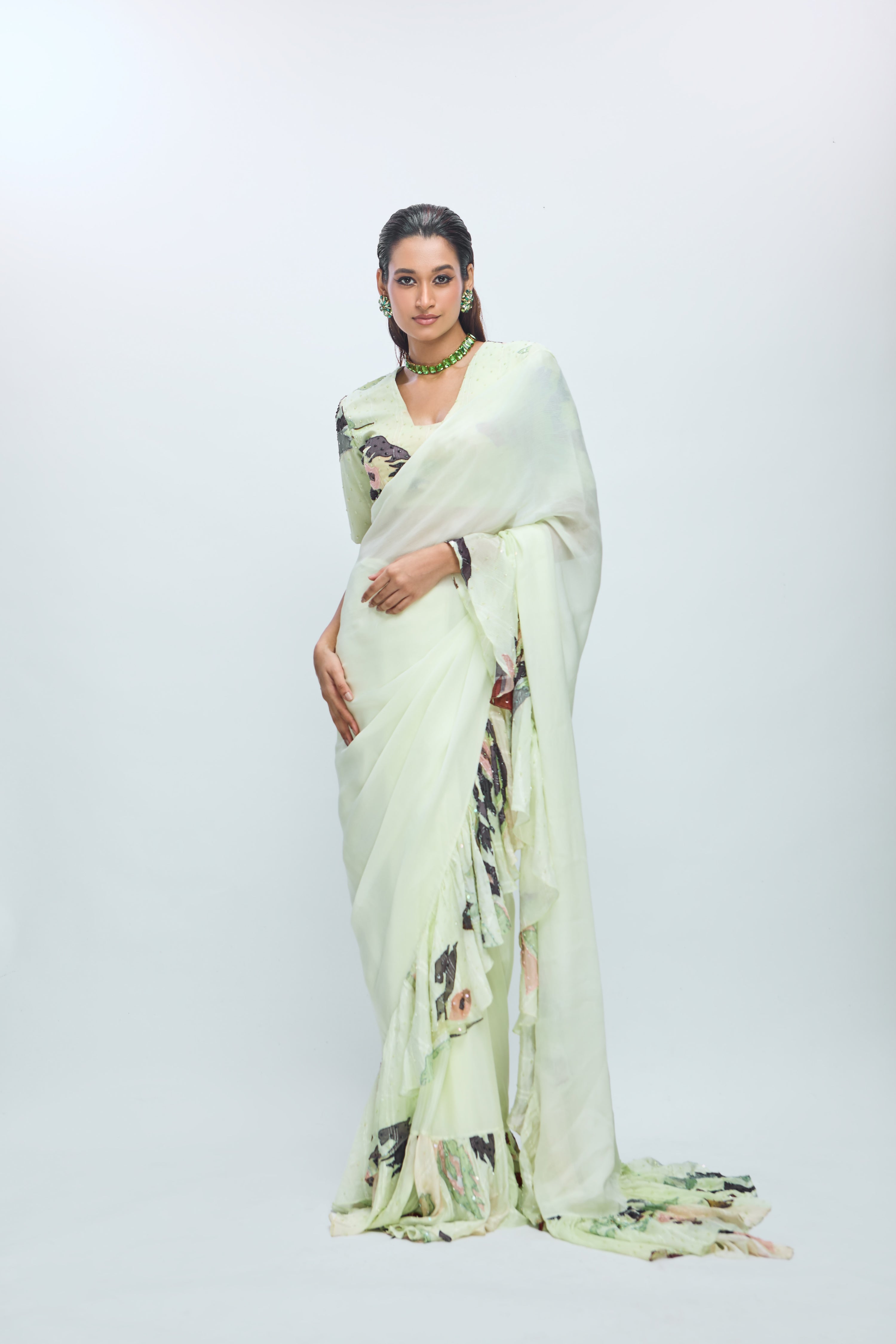 EMBROIDERED SAREE SET WITH RUFFLE HIGHLIGHTS