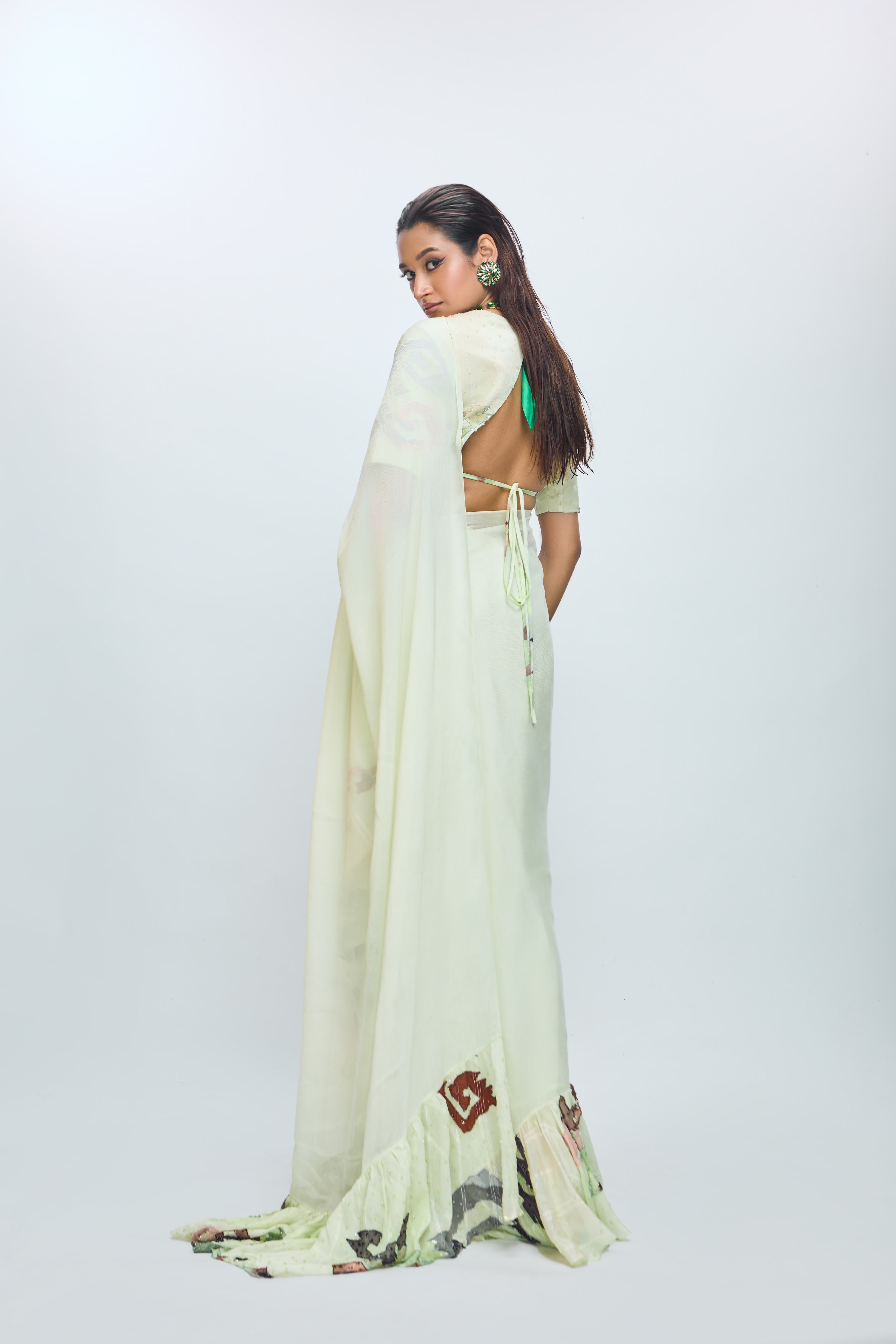 EMBROIDERED SAREE SET WITH RUFFLE HIGHLIGHTS