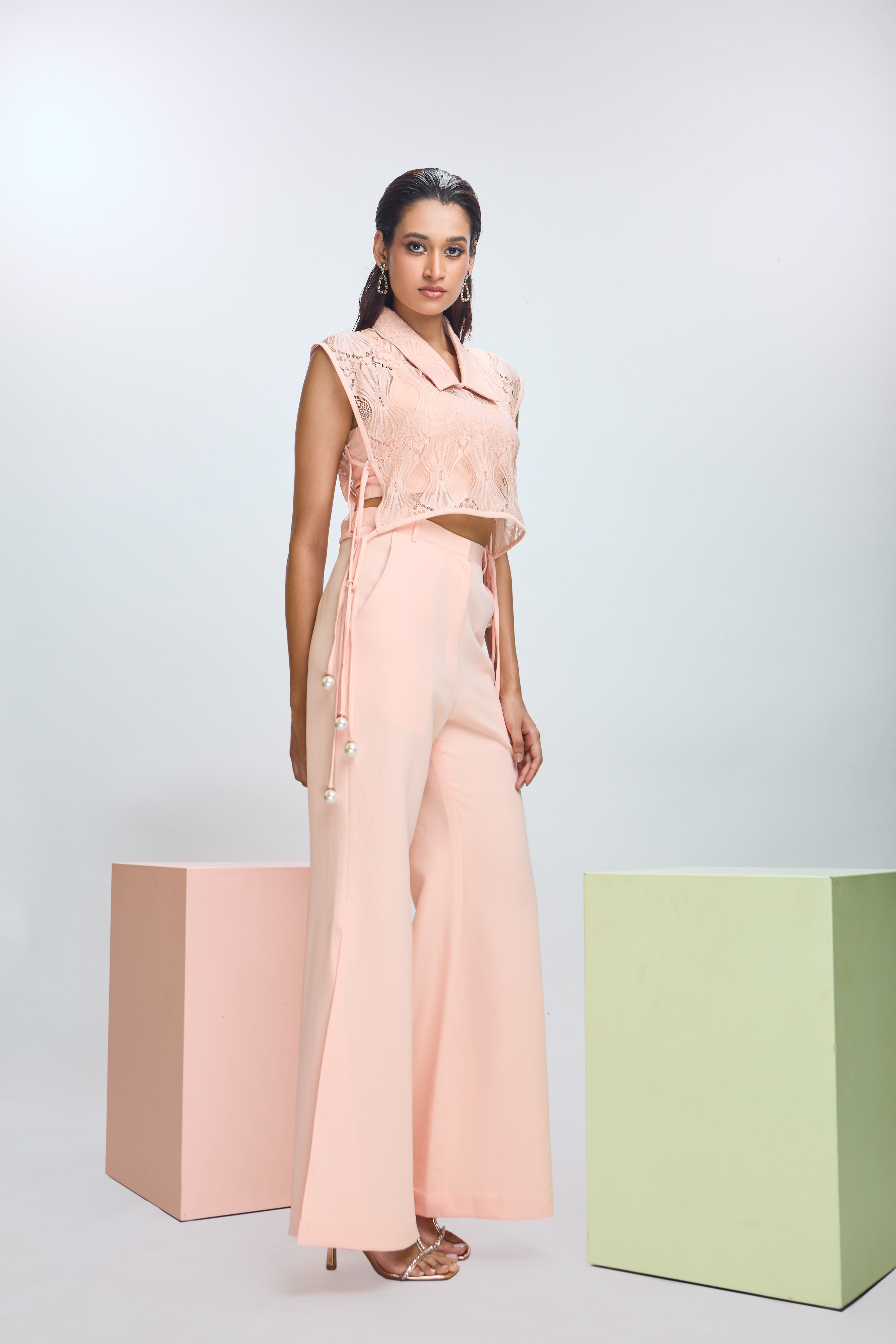 TOP WITH SIDE TIE-UP AND MICRO CROP TOP WITH FLARED PANTS WITH SIDE SLIT