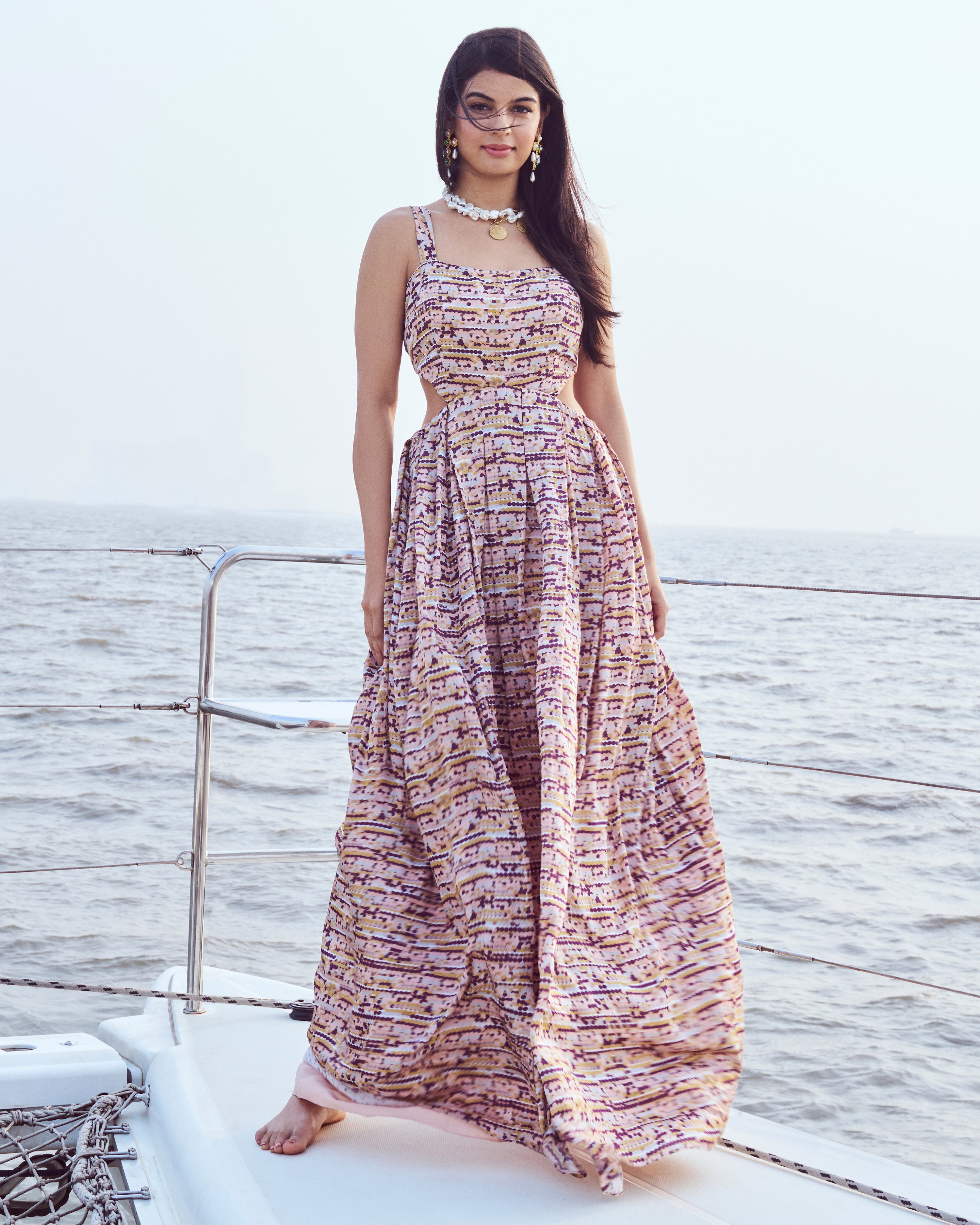 SEQUIN PRINTED SIDE CUTOUT MAXI DRESS