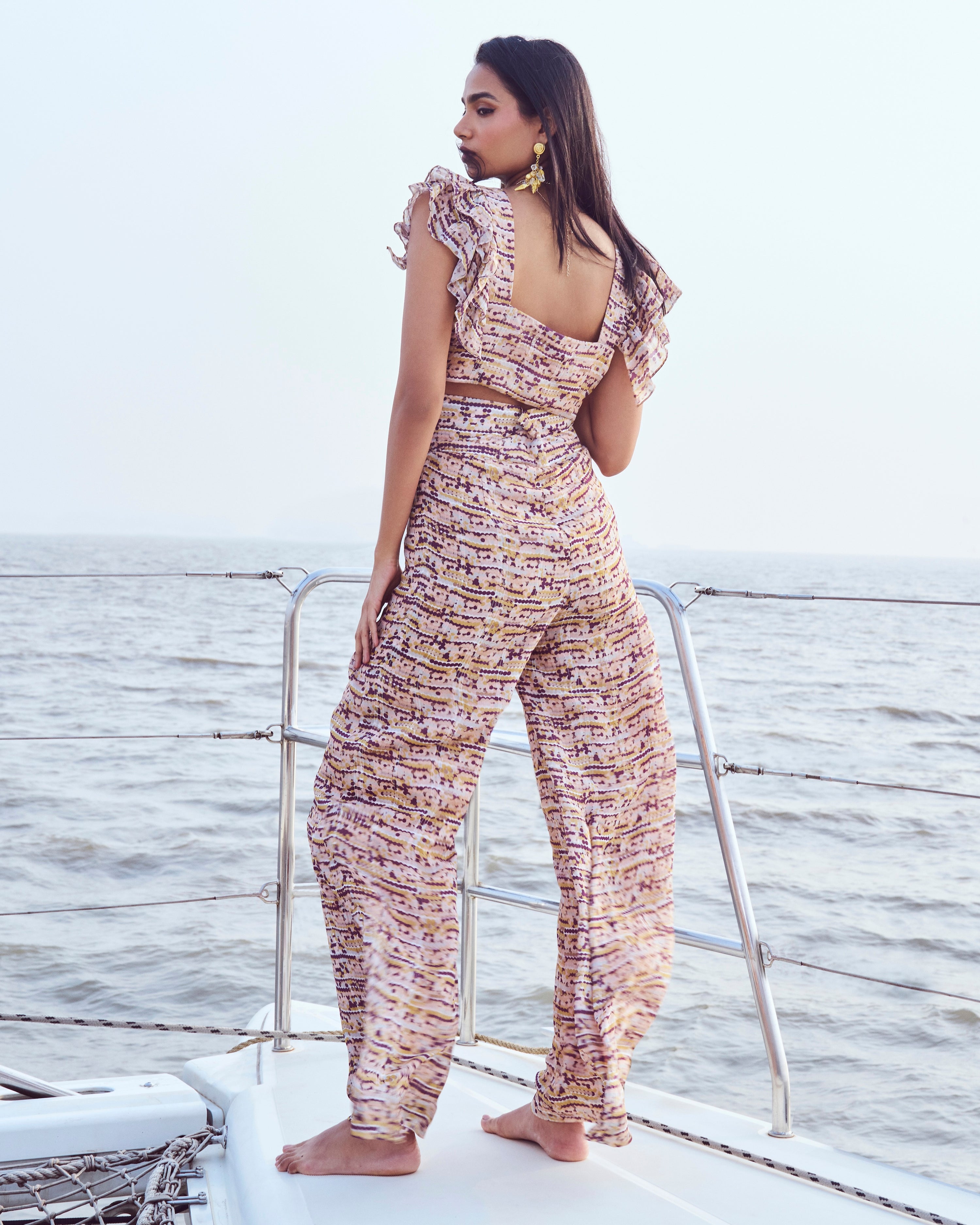 SEQUIN PRINTED CROP TOP & HIGH-WAIST FLARE PANTS SET