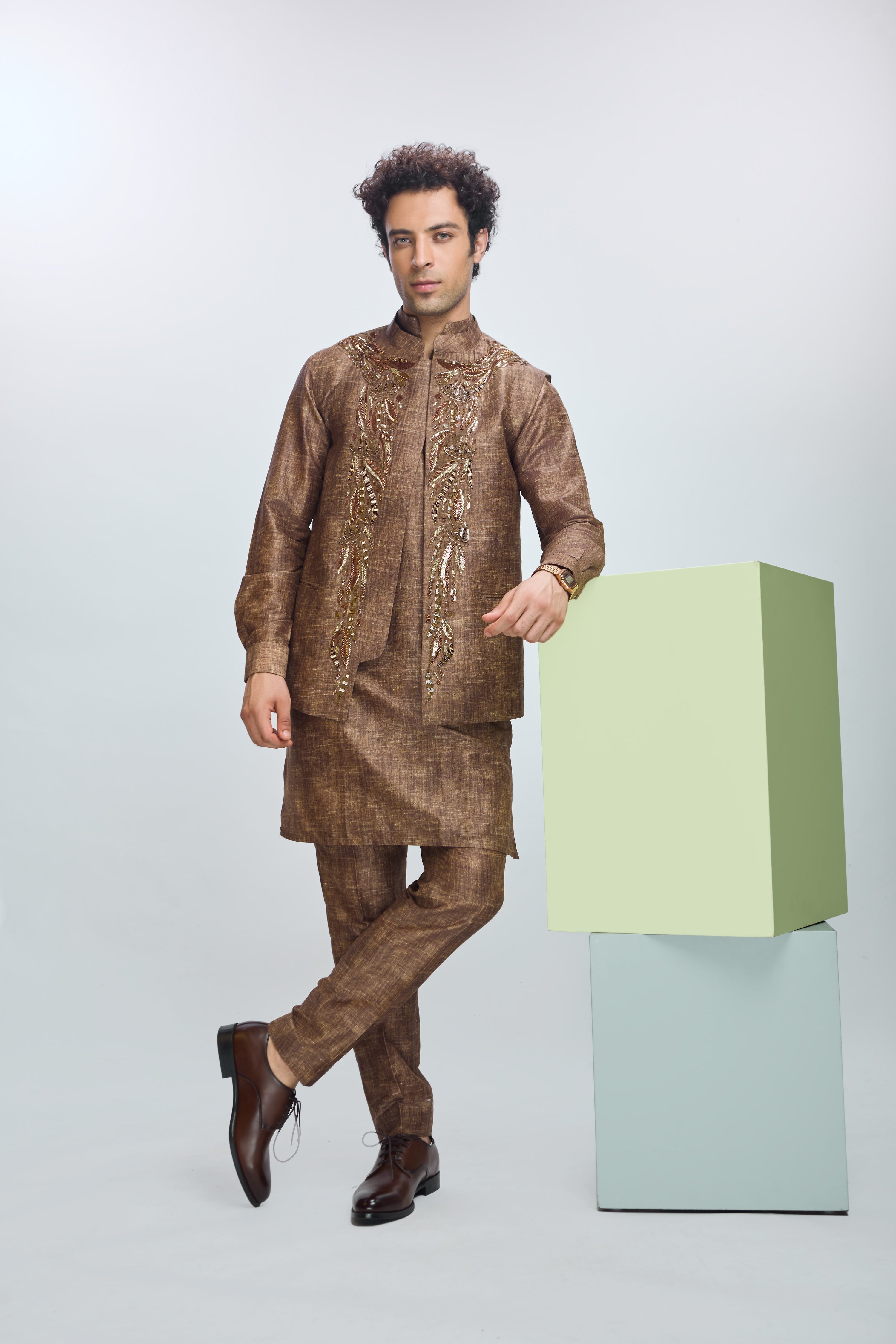 EMBROIDERED BUNDI WITH KURTA &  STRAIGHT PANTS