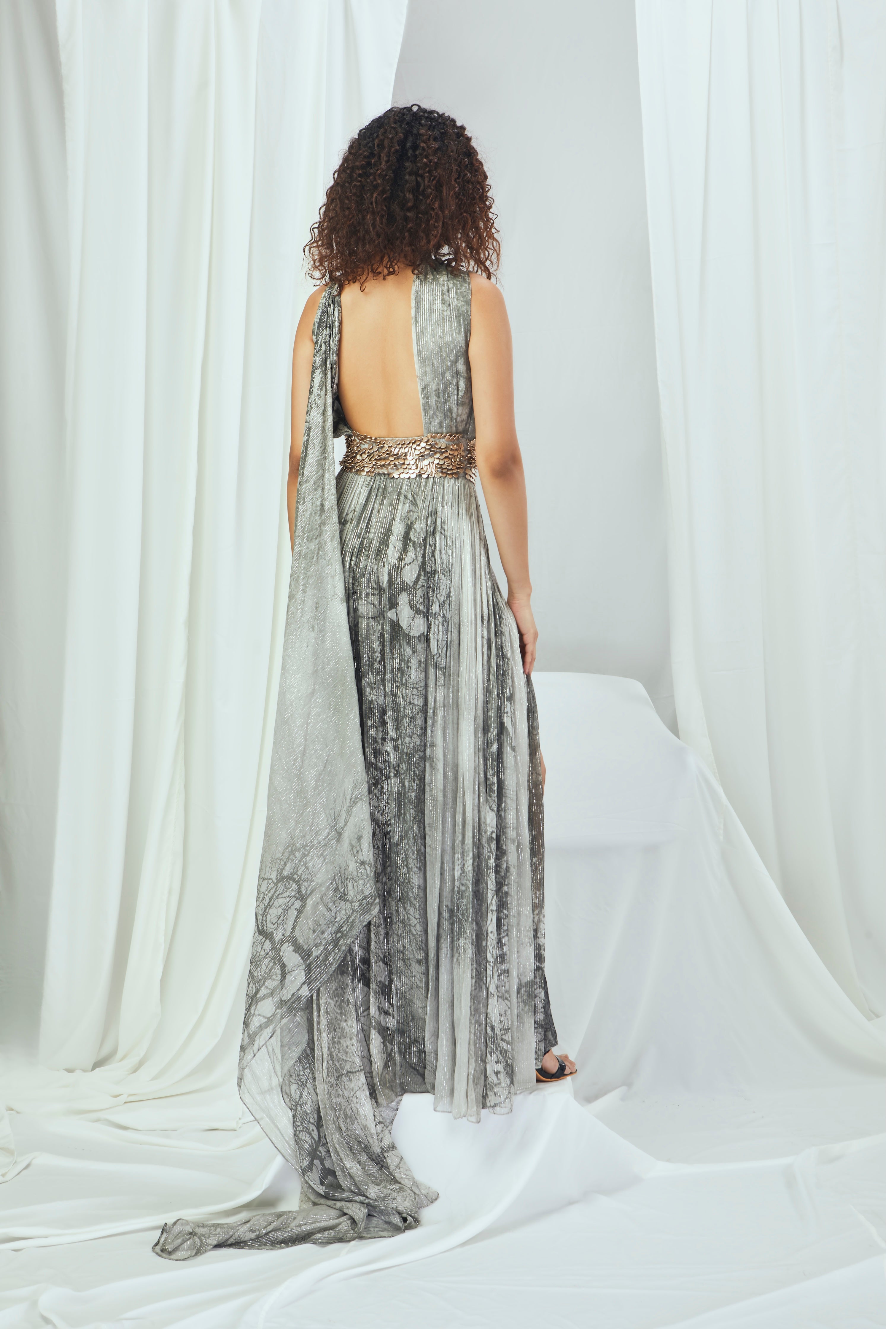 EMBELLISHED PRINTED DRAPED GOWN