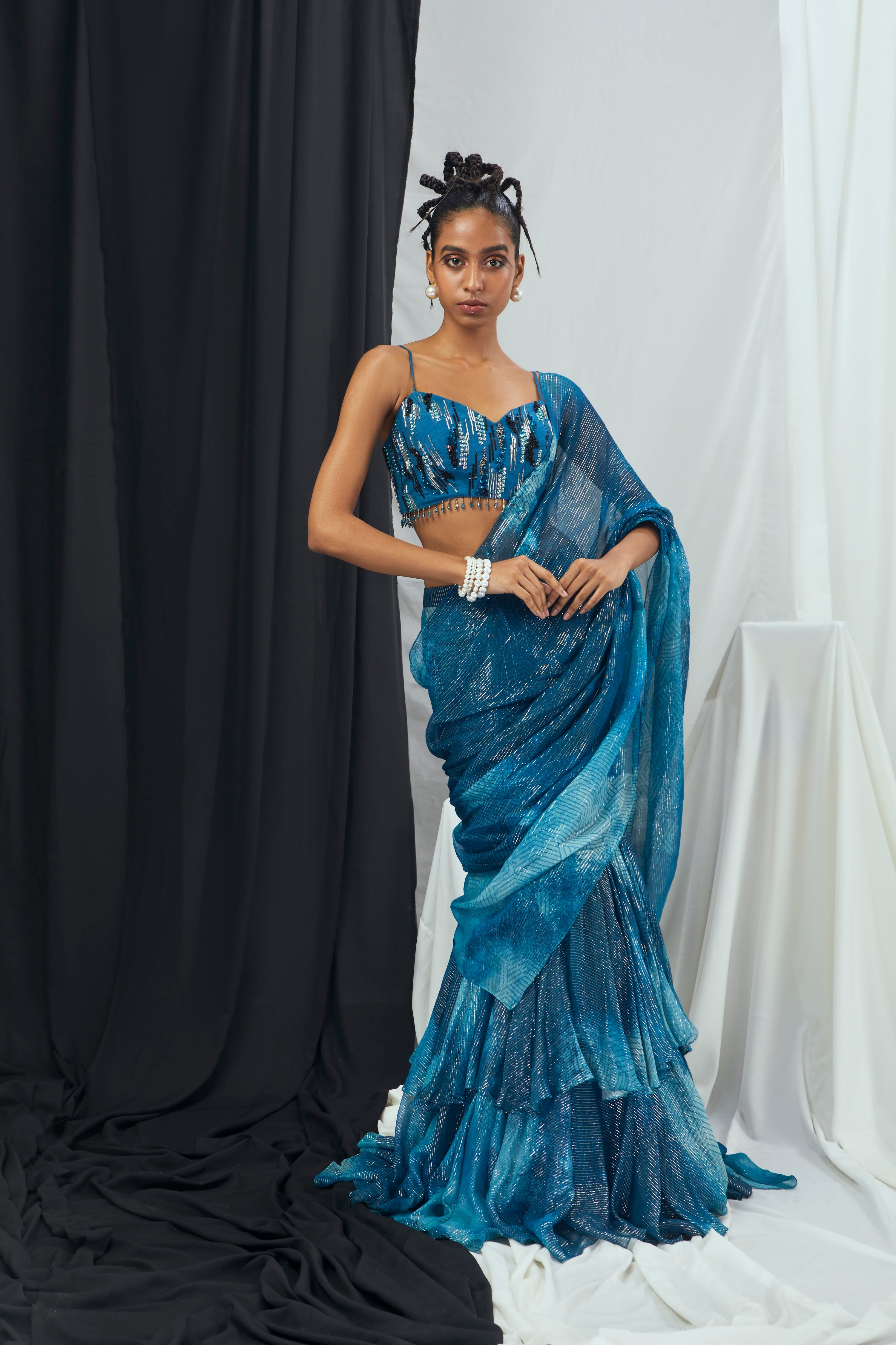 PRE DRAPED RUFFLE SAREE WITH EMBRIODERED BLOUSE SET