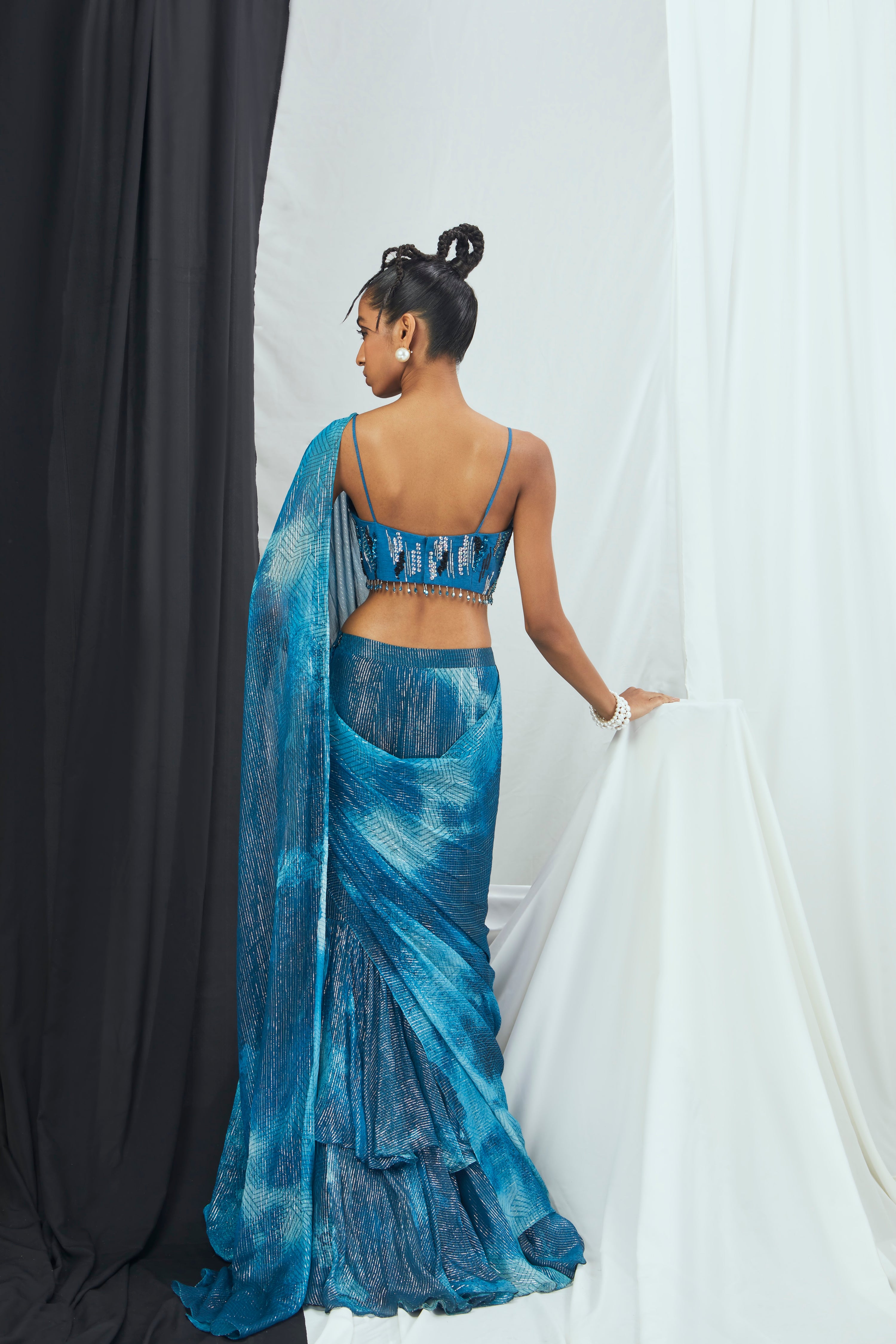 PRE DRAPED RUFFLE SAREE WITH EMBRIODERED BLOUSE SET