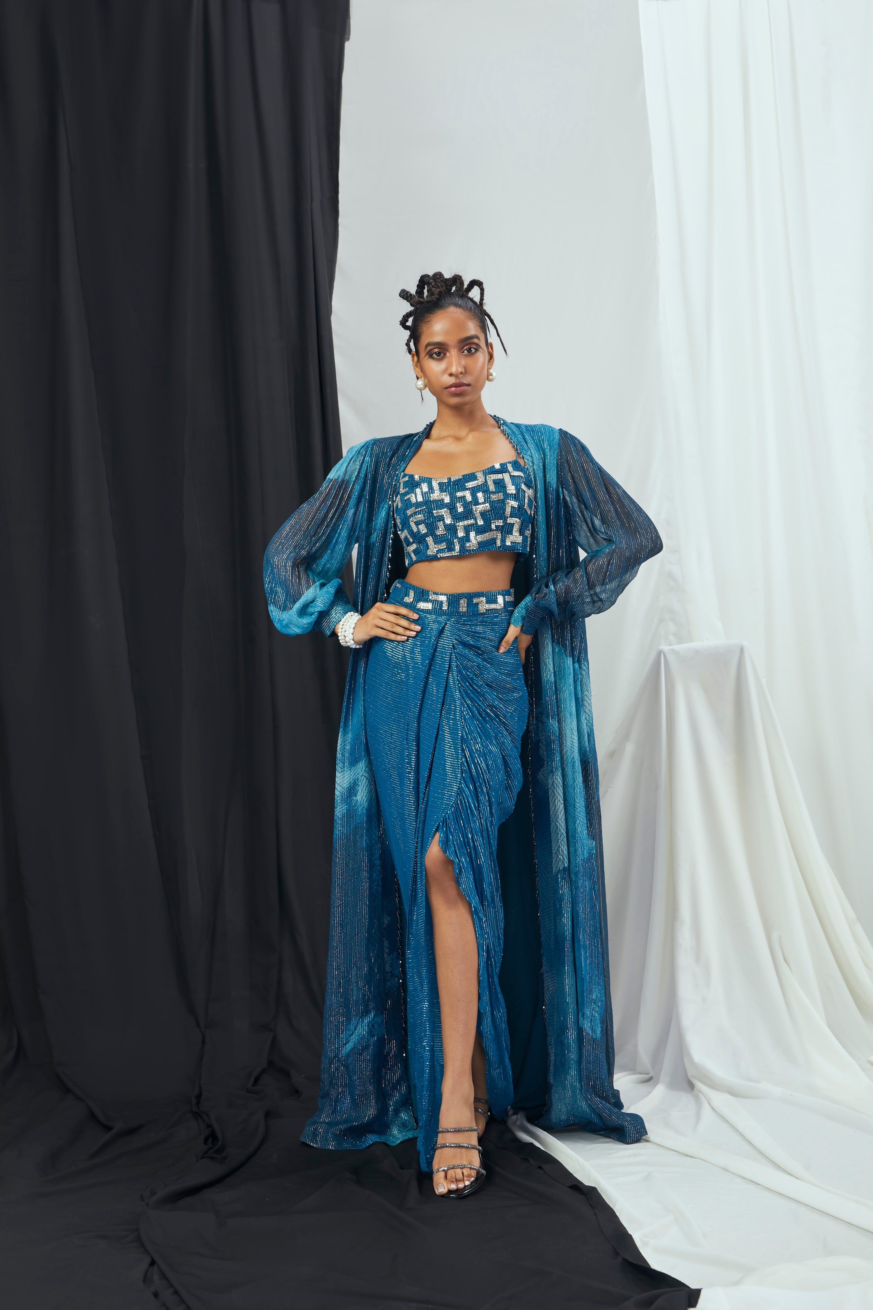 EMBRIODERD BLOUSE WITH DRAPED SKIRT AND PRINTED CAPE SET