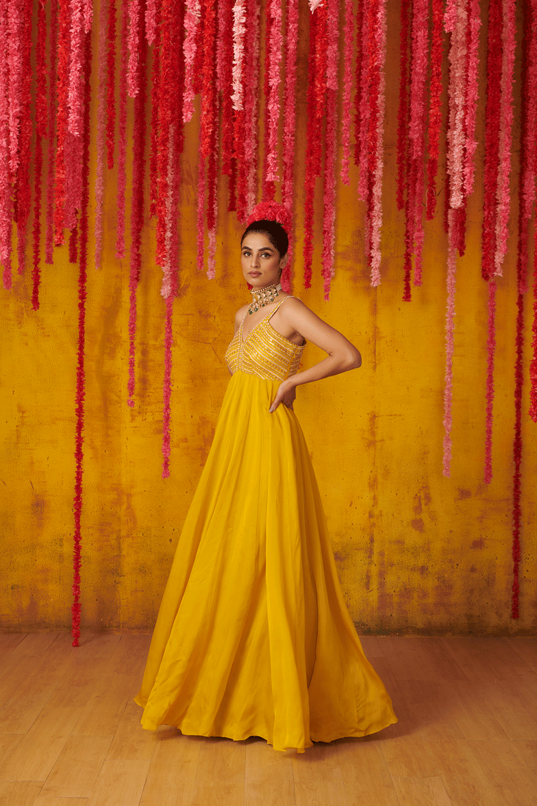 MUSTARD YELLOW SATIN ORGANZA ANARKALI