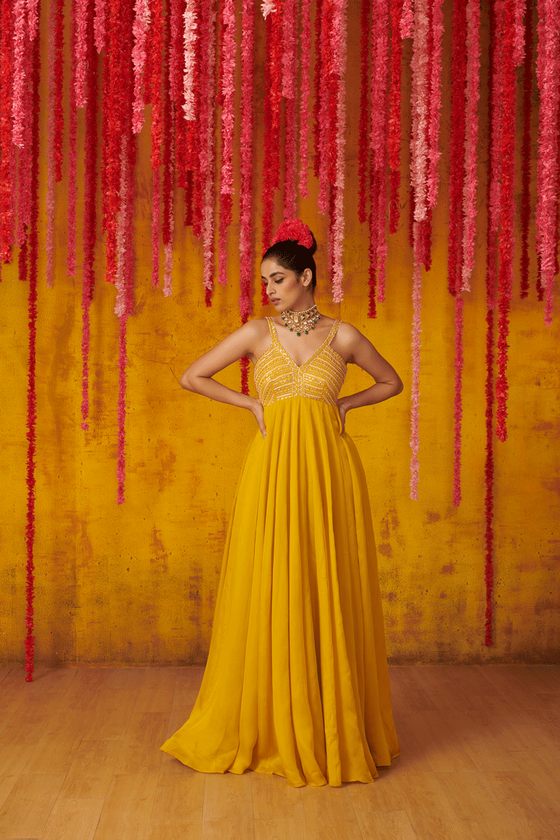 MUSTARD YELLOW SATIN ORGANZA ANARKALI