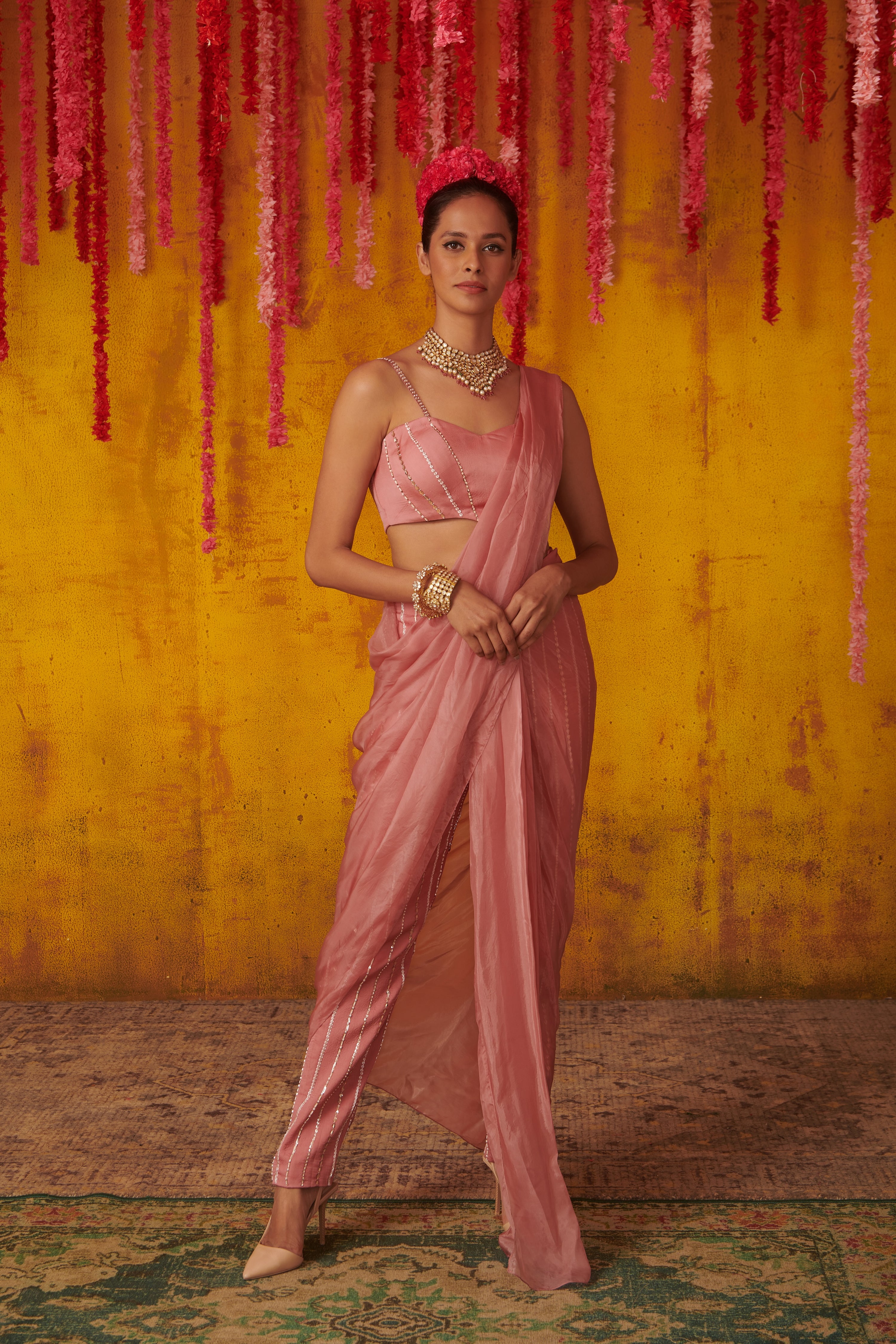 ONION PINK TASSELED DRAPED PANT SAREE SET