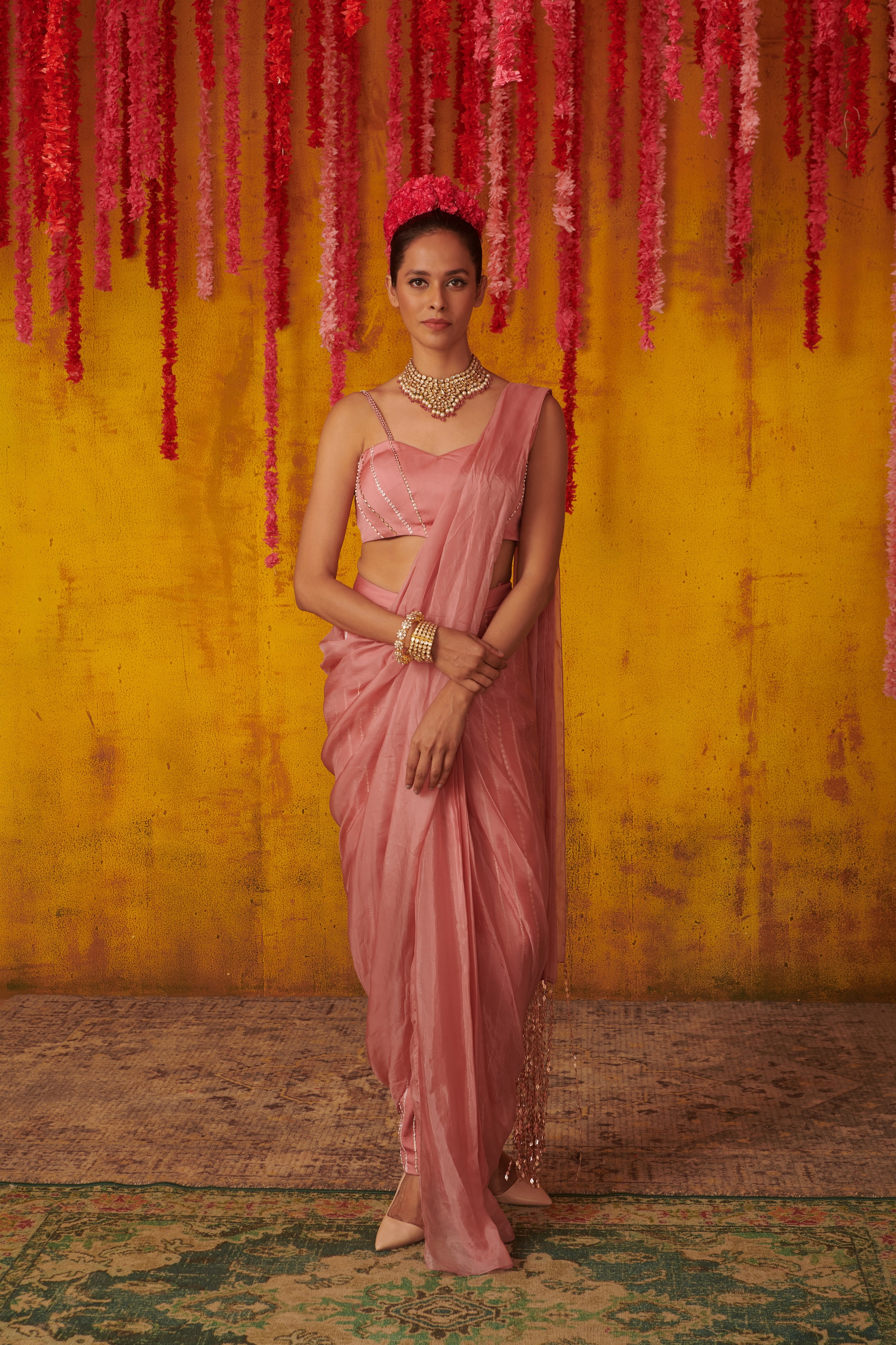 ONION PINK TASSELED DRAPED PANT SAREE SET