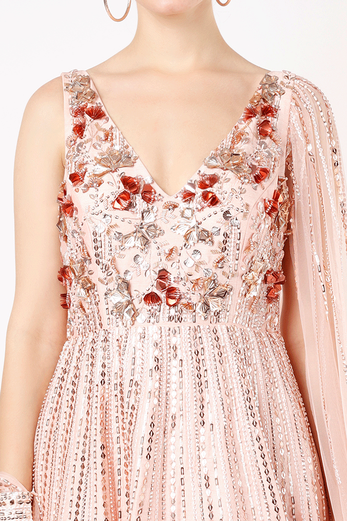 BLUSH PINK EMBROIDERED GOWN WITH DRAPE