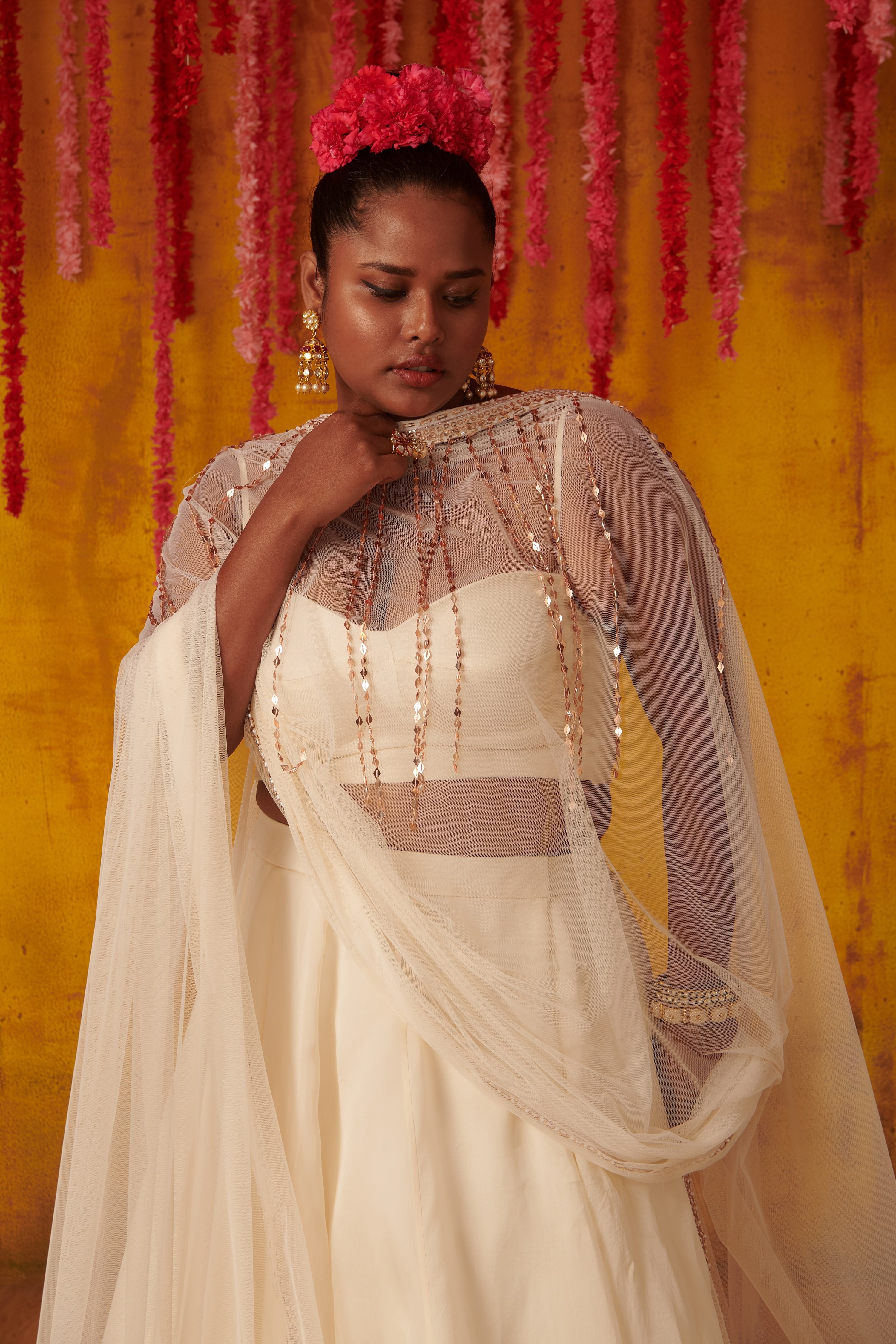 WHITE SATIN ORGANZA LEHENGA SET