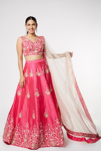 HOT PINK EMBROIDERED LEHENGA WITH DUPATTA