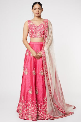 HOT PINK EMBROIDERED LEHENGA WITH DUPATTA