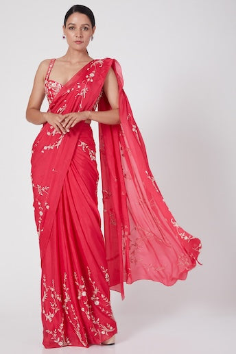 HOT PINK  EMBROIDERED  SAREE SET