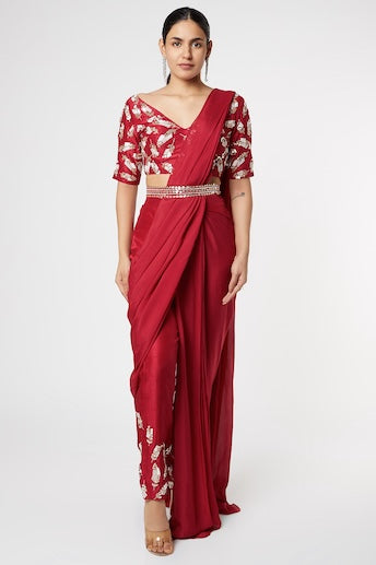 CANDY RED EMBROIDERED SAREE WITH BELT