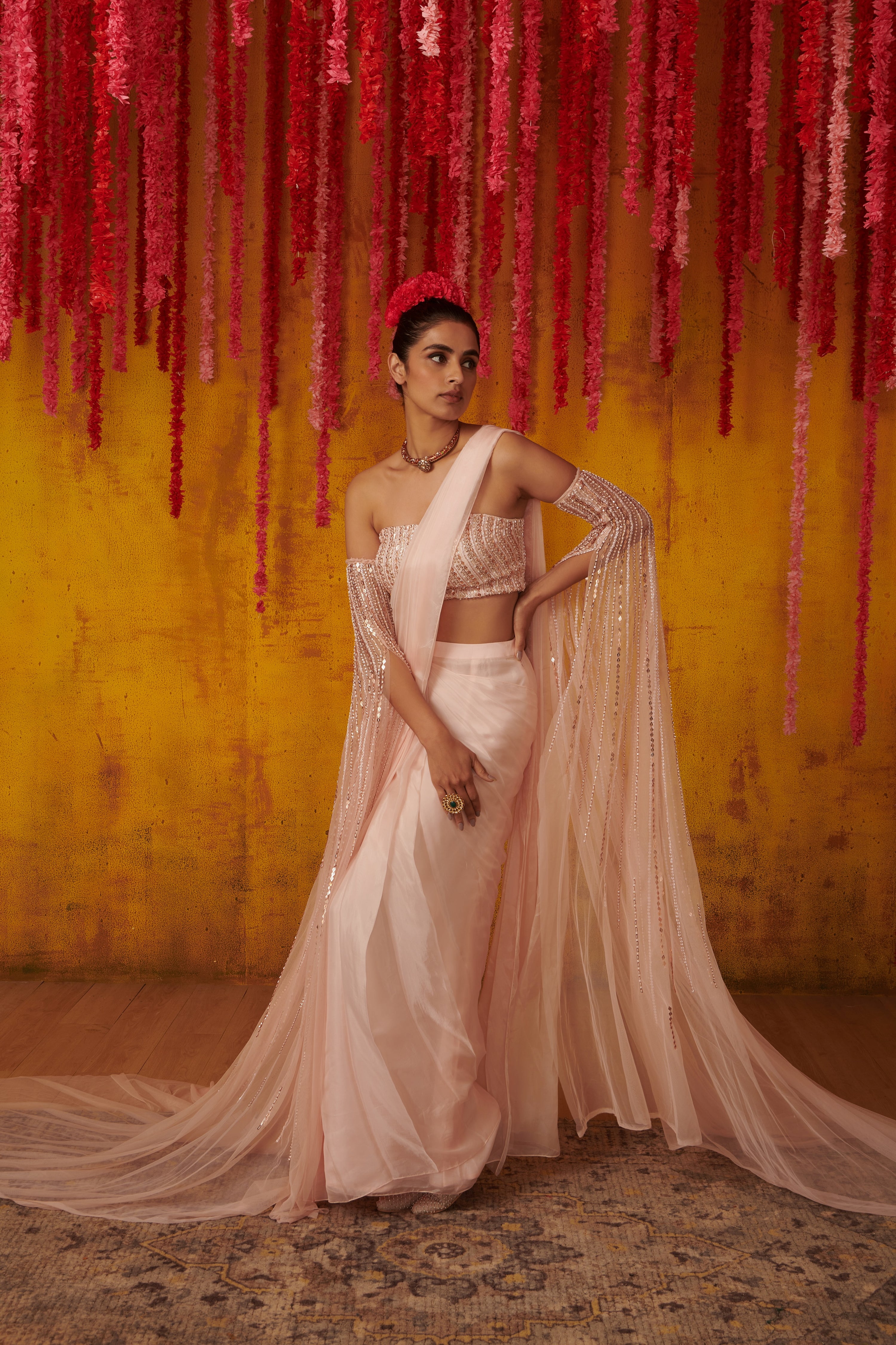 BLUSH PINK DRAPED SAREE SET