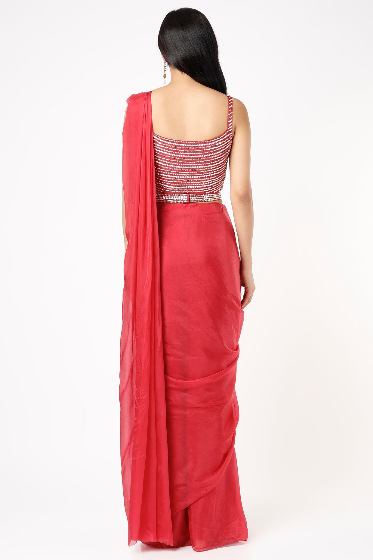 LIGHT RUBY SILK PRE-DRAPED SAREE SET