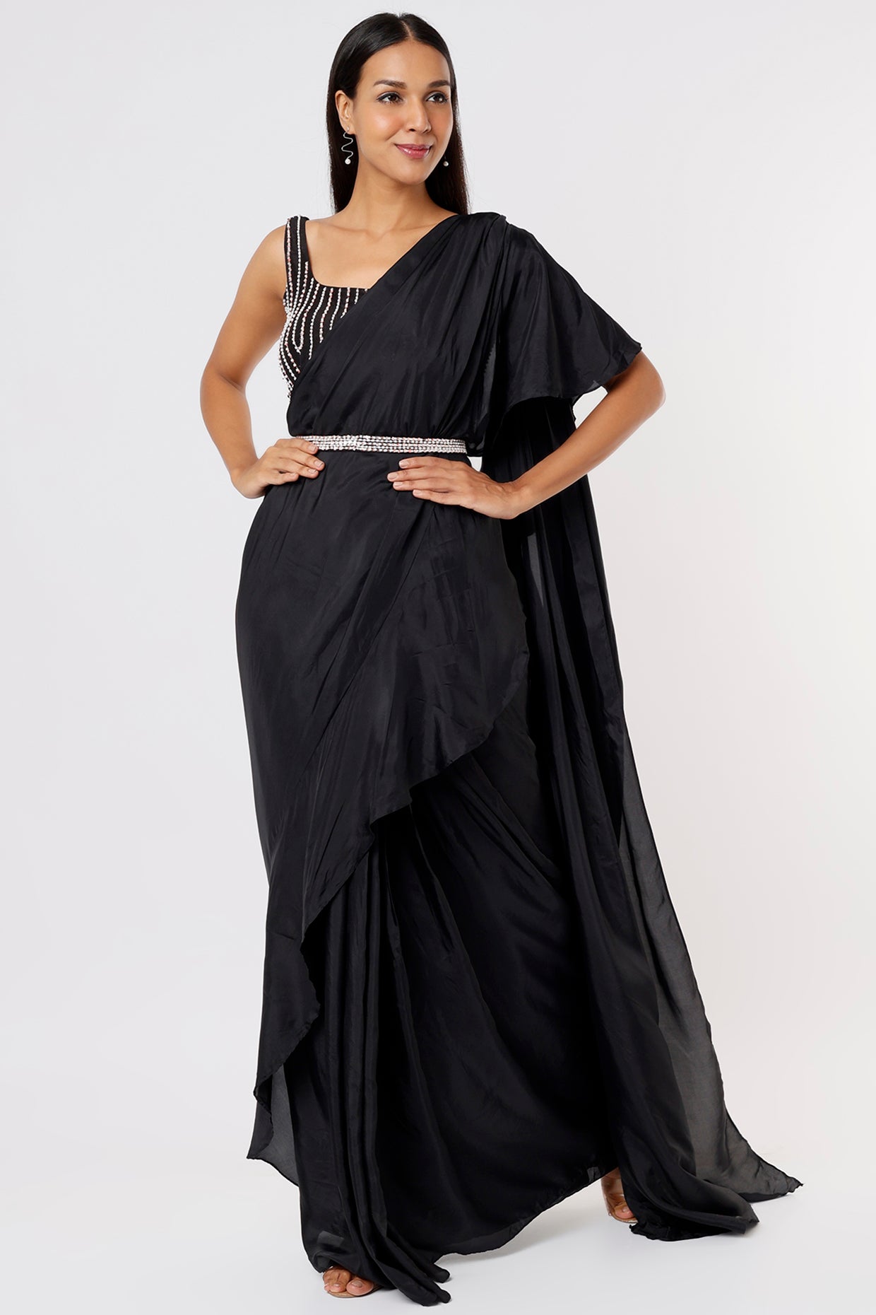 BLACK EMBROIDERED RUFFLE SAREE WITH BELT